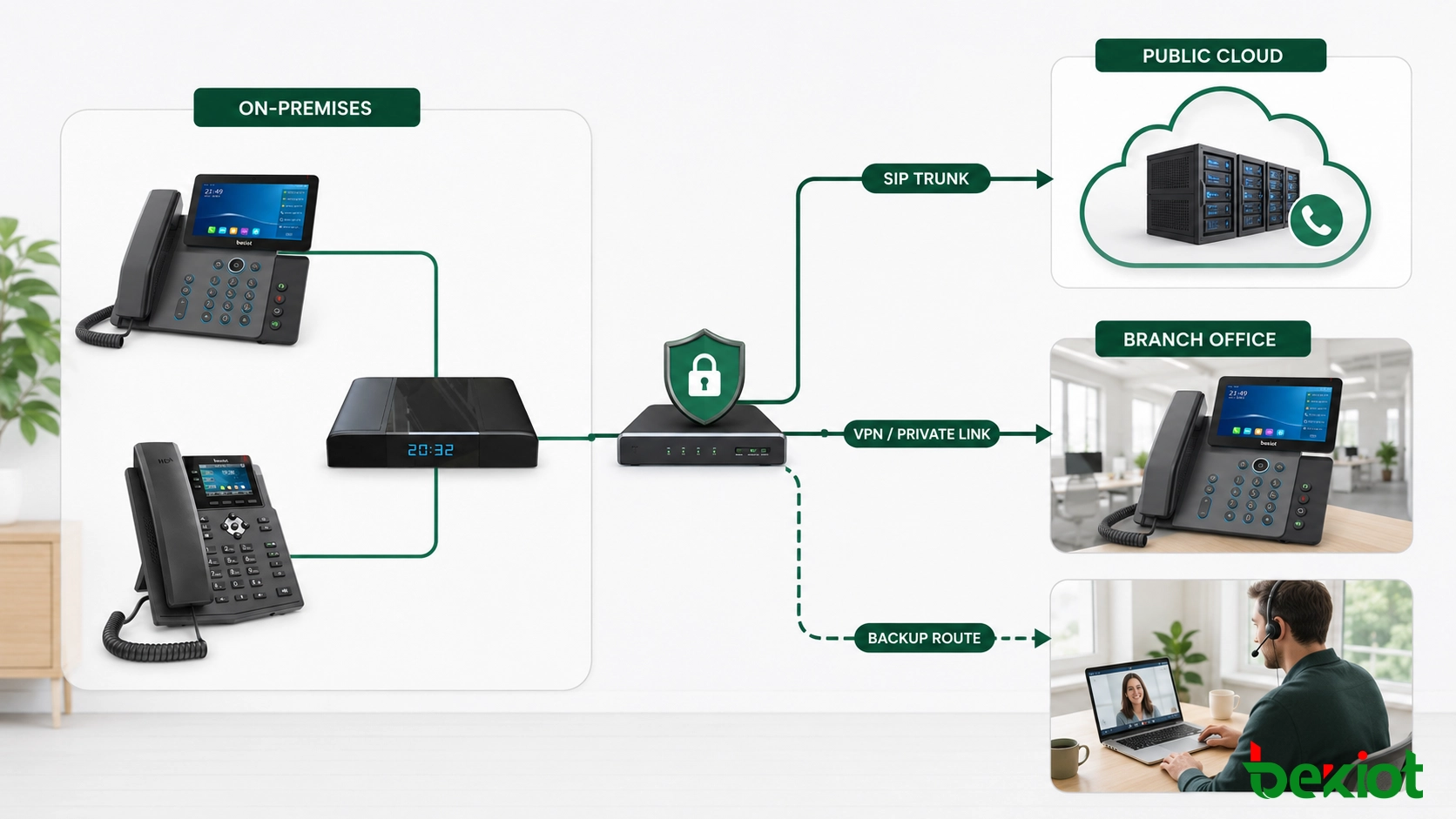 Architecture de communications cloud hybrides connectant des téléphones SIP, un système de contrôle d'appels sur site, des liens réseau sécurisés et des services cloud publics