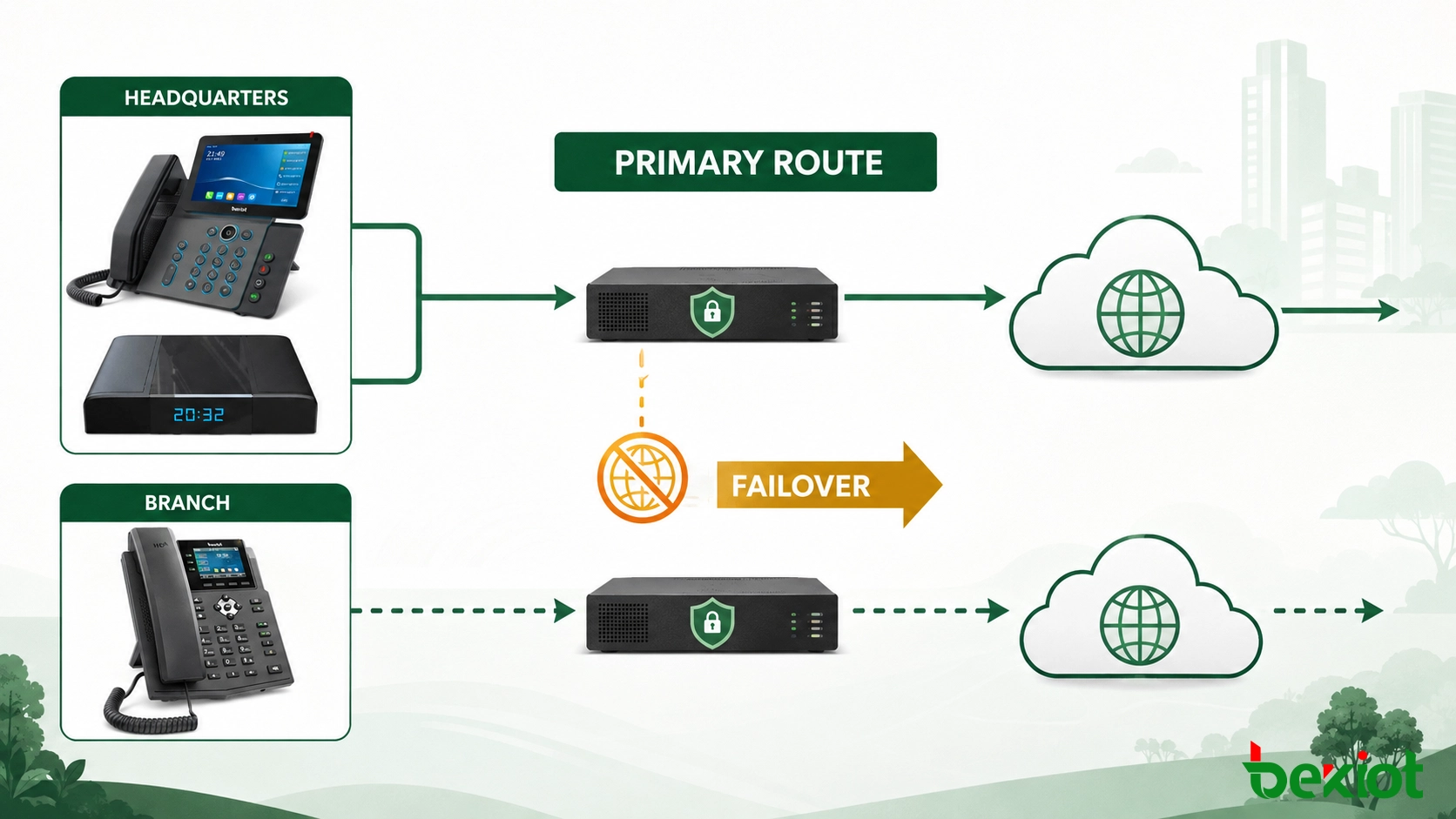 Flux de travail de routage d'appels SIP et de bascule entre les téléphones de bureau, un PBX local, une périphérie sécurisée et les services de communication cloud