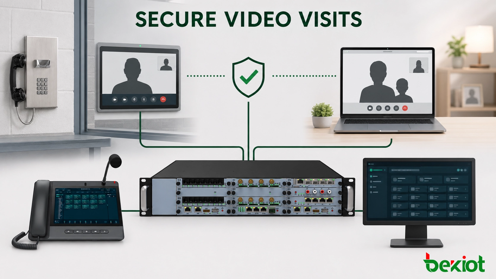 Espace de travail de visite vidéo sécurisée reliant un membre de la famille approuvé à un détenu sous supervision autorisée