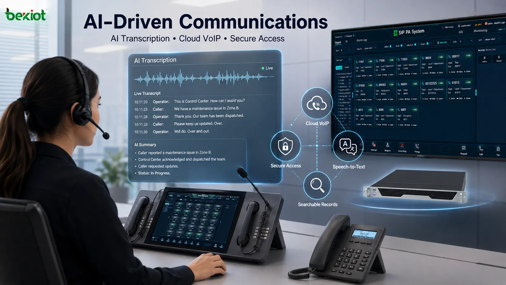 Plateforme VoIP cloud sécurisée reliant utilisateurs distants, postes multicanaux et systèmes de communication d’entreprise via SIP, accès VPN et transcription IA