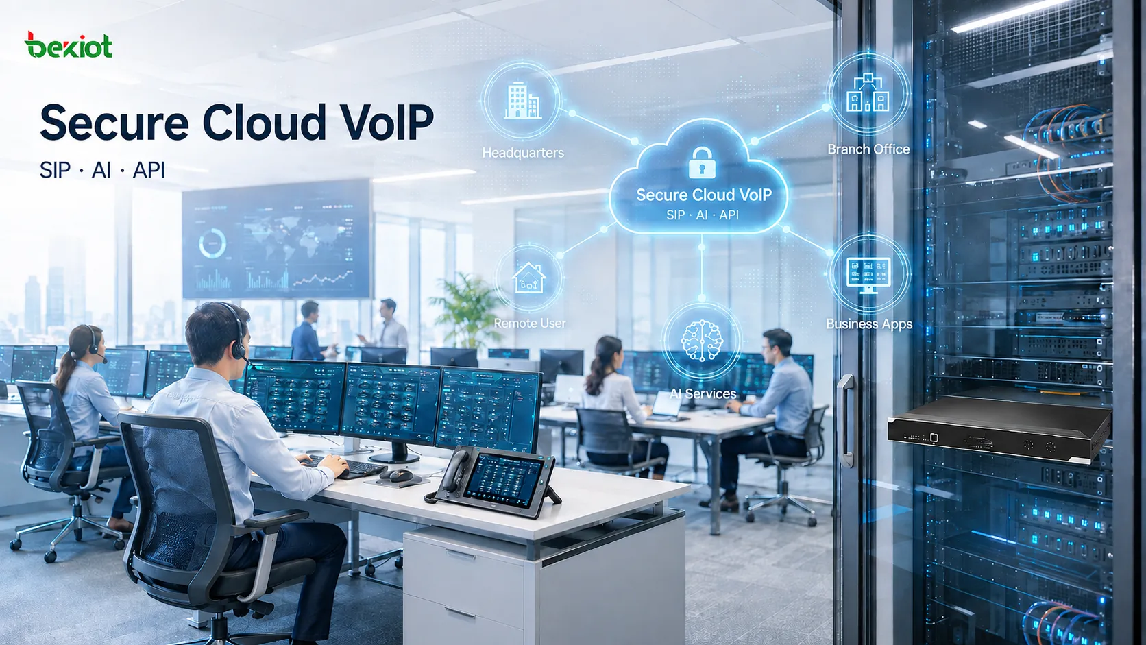 Architecture de collaboration VoIP d’entreprise intégrant communication SIP multicanale, postes Soft Turret, transcription IA, applications métier et services cloud sécurisés dans un même workflow