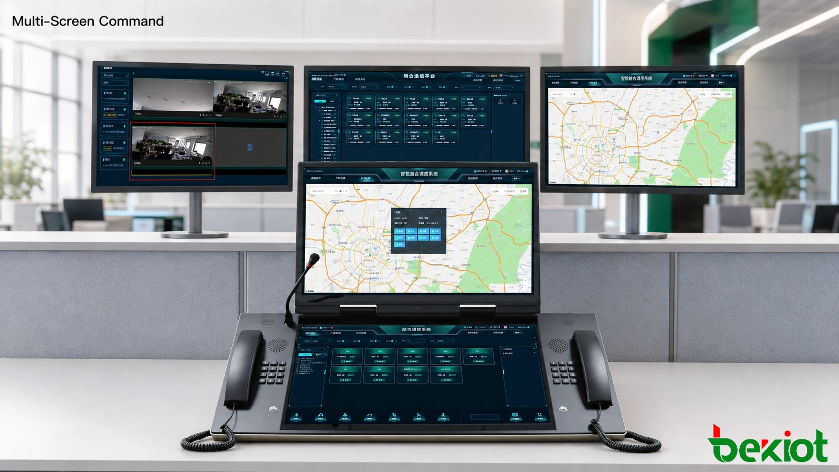Poste de travail de commandement de troisième génération multi-écrans affichant les ressources de communication, les cartes SIG, la vidéosurveillance et les informations d'alarme