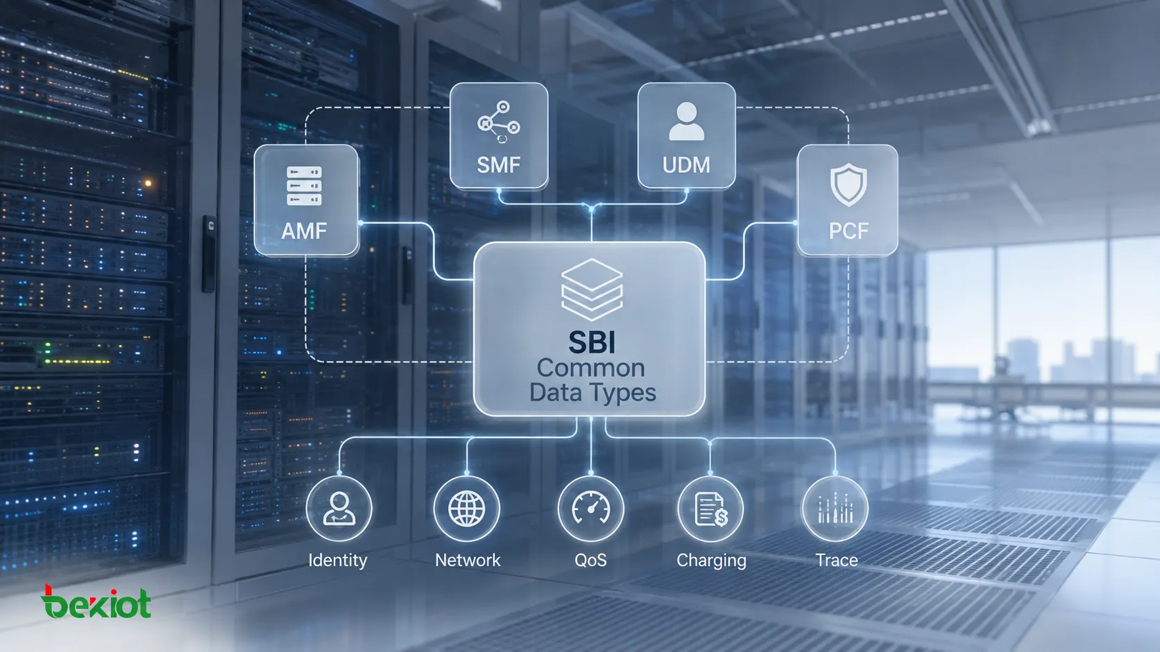 Types de données communs des SBI du cœur 5G partagés par AMF, SMF, UDM et PCF pour les identifiants, les informations réseau, la QoS, la taxation et les paramètres de trace