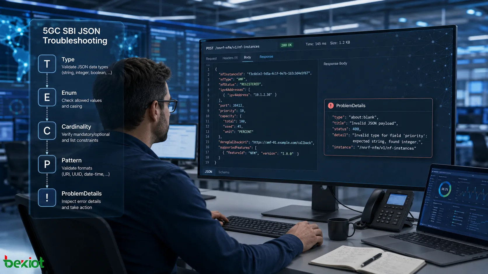 Ingénieur 5GC dépannant des messages JSON SBI en vérifiant les ressources API, les types de champs, les valeurs d'énumération, la Cardinality, les contraintes de format et ProblemDetails