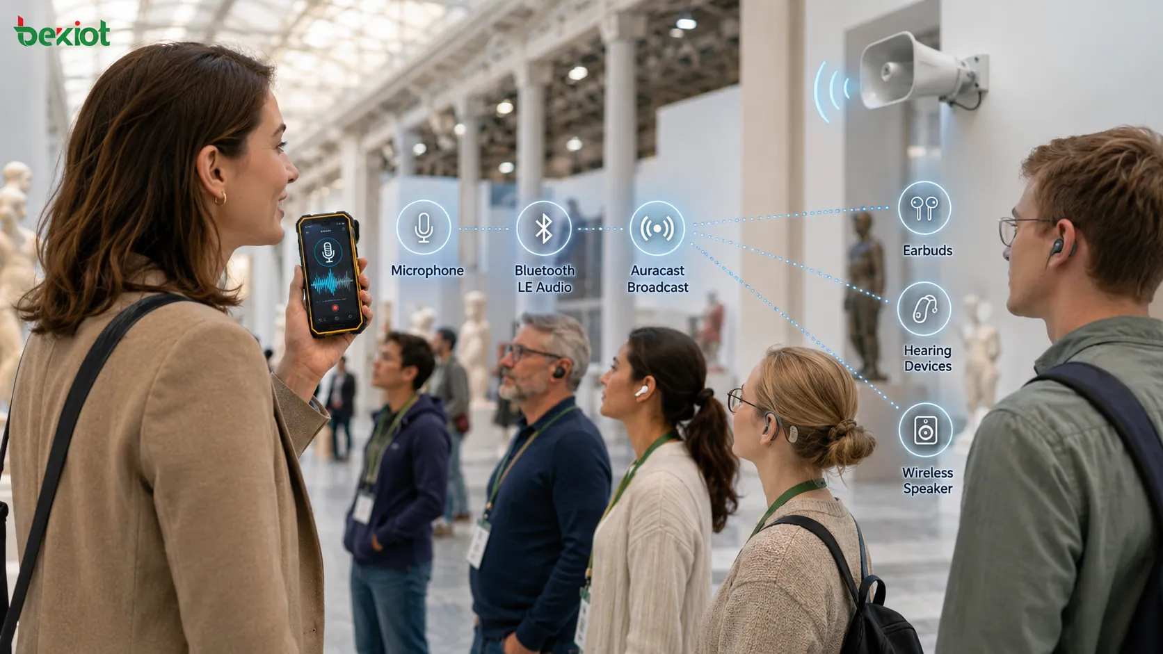Microphone de smartphone diffusant une voix en direct via Bluetooth LE Audio et Auracast vers plusieurs écouteurs, appareils auditifs et enceintes sans fil à proximité