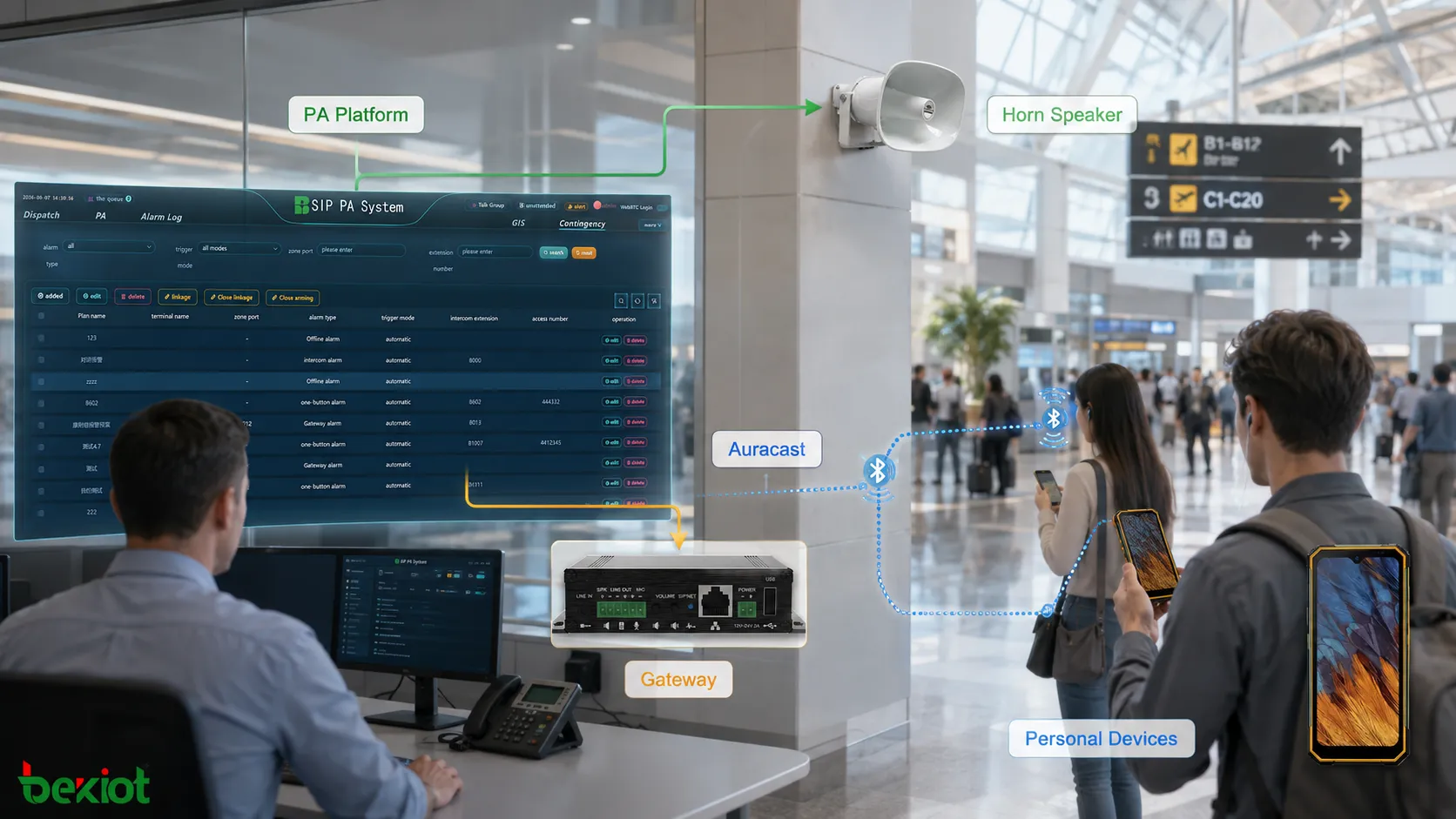 Architecture hybride de sonorisation combinant des haut-parleurs fixes et une diffusion audio personnelle Auracast vers des smartphones, écouteurs et appareils auditifs