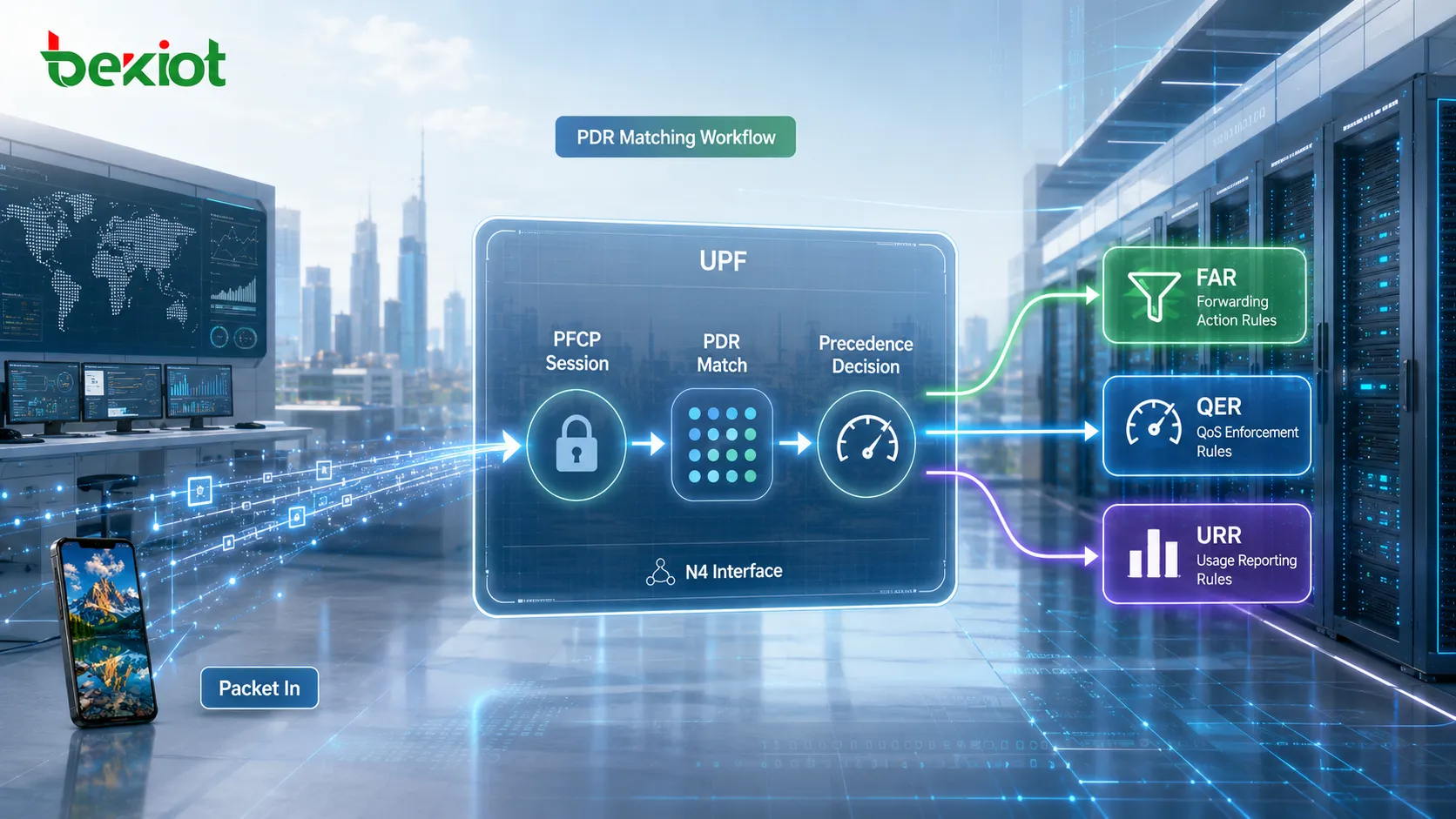 Traitement des paquets par l’UPF sur l’interface N4 avec correspondance des PDR selon la Precedence et règles FAR, QER et URR associées