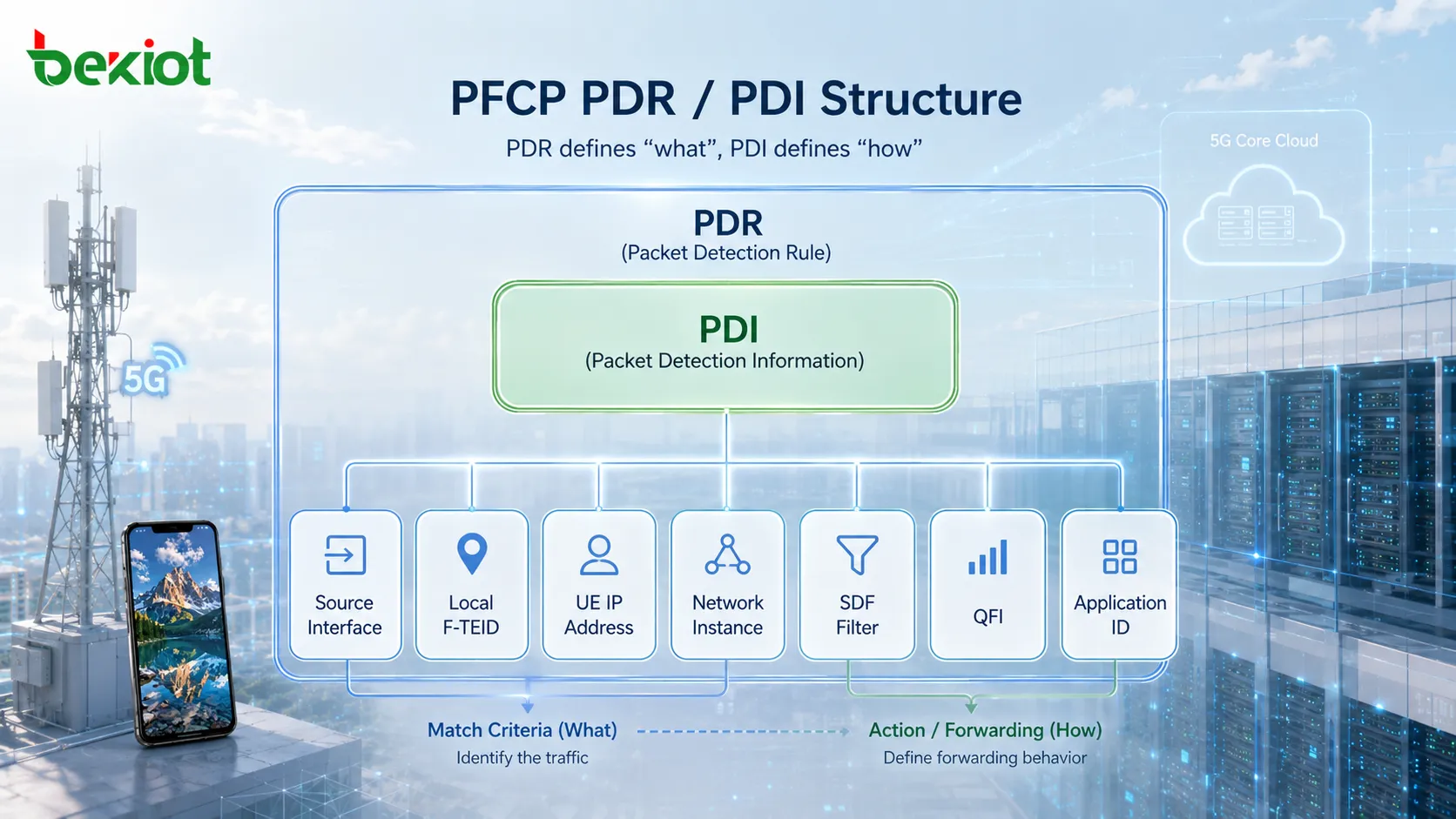 Structure des paramètres PFCP PDR et PDI montrant les conditions de correspondance Interface source, F-TEID local, adresse IP UE et filtre SDF