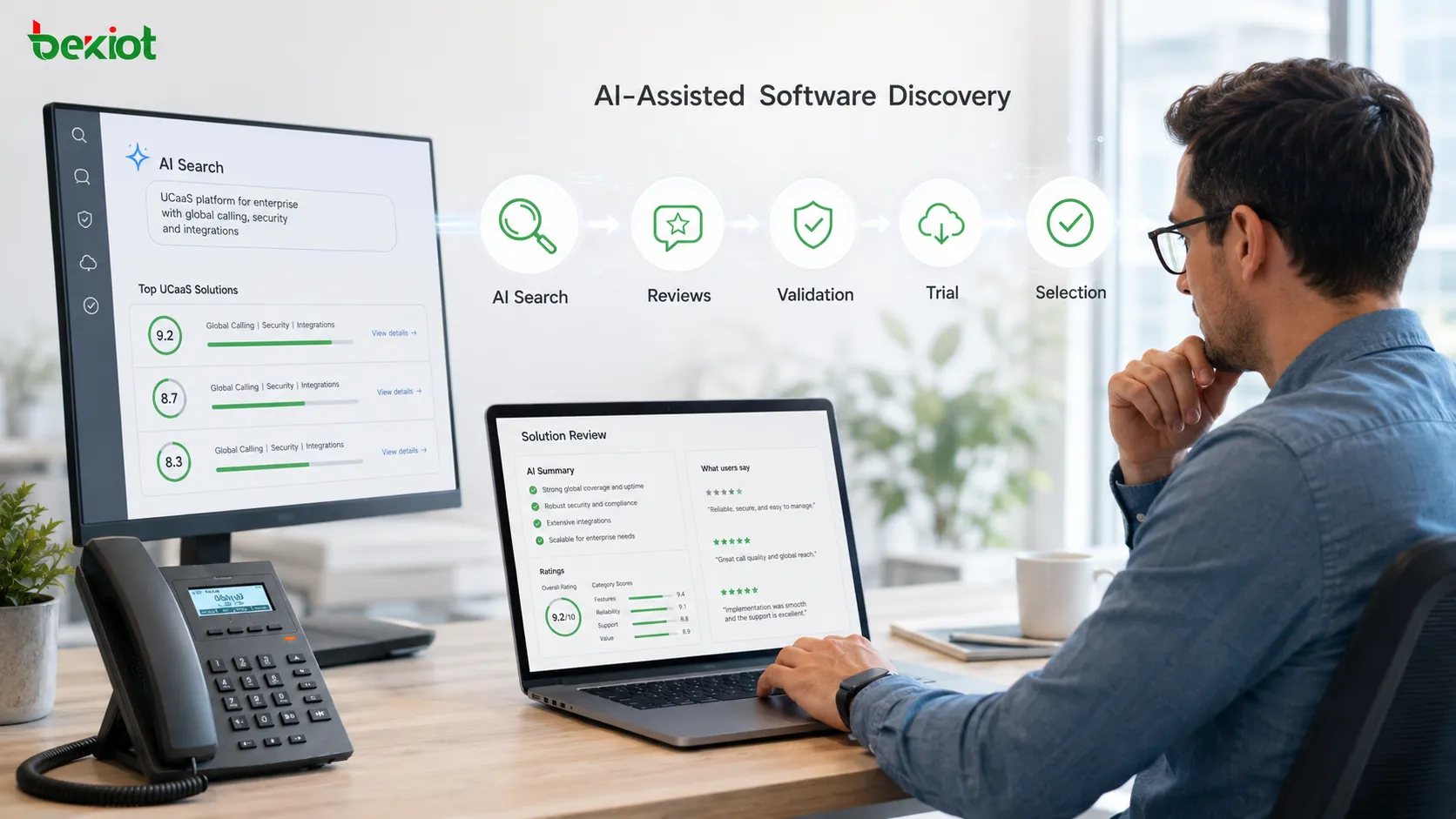 Parcours d’achat UCaaS assisté par IA, de la découverte de logiciels et des avis tiers à la validation technique, l’essai et la sélection finale du fournisseur