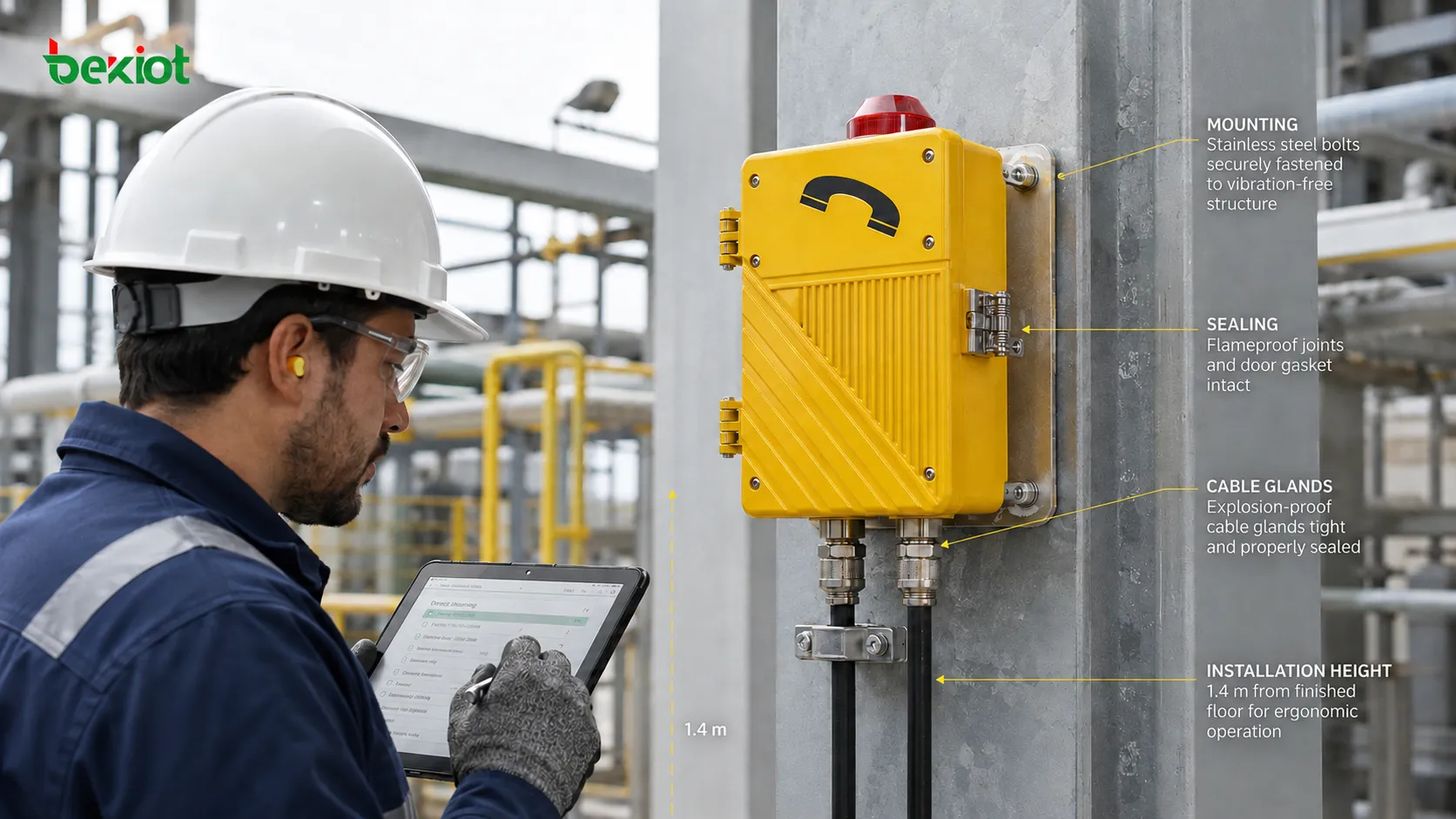 Inspection après installation d’un téléphone antidéflagrant : fixation, presse-étoupes, éléments d’étanchéité et position d’installation sur site