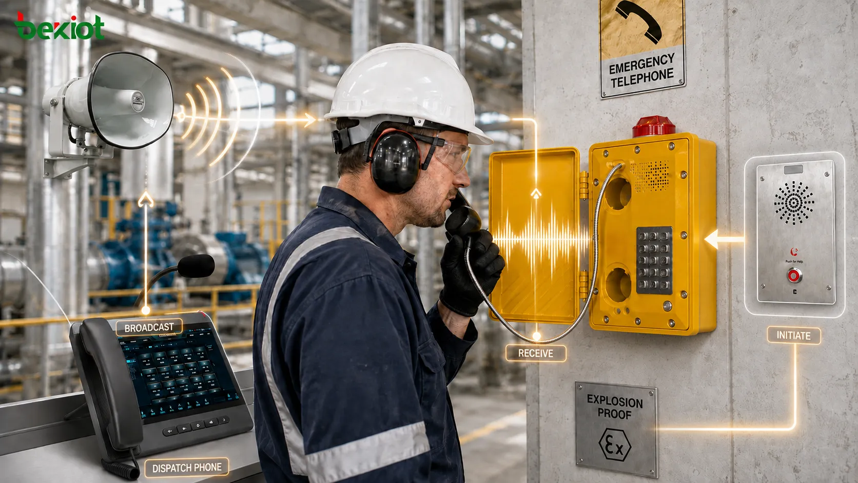 Essai du volume du combiné, de la captation du microphone et de la clarté de la voix bidirectionnelle d’un téléphone antidéflagrant dans un environnement industriel bruyant