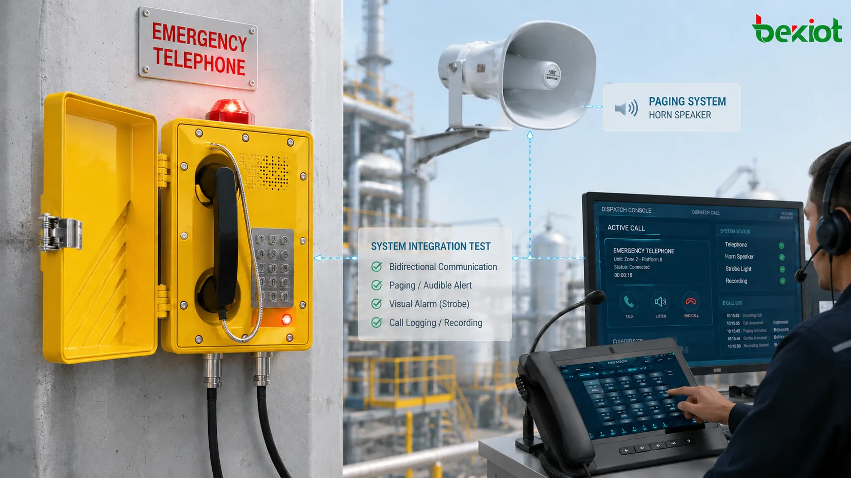 Essai d’intégration d’urgence après installation d’un téléphone antidéflagrant avec dispatch, enregistrement, alarmes sonores et visuelles et systèmes de sonorisation