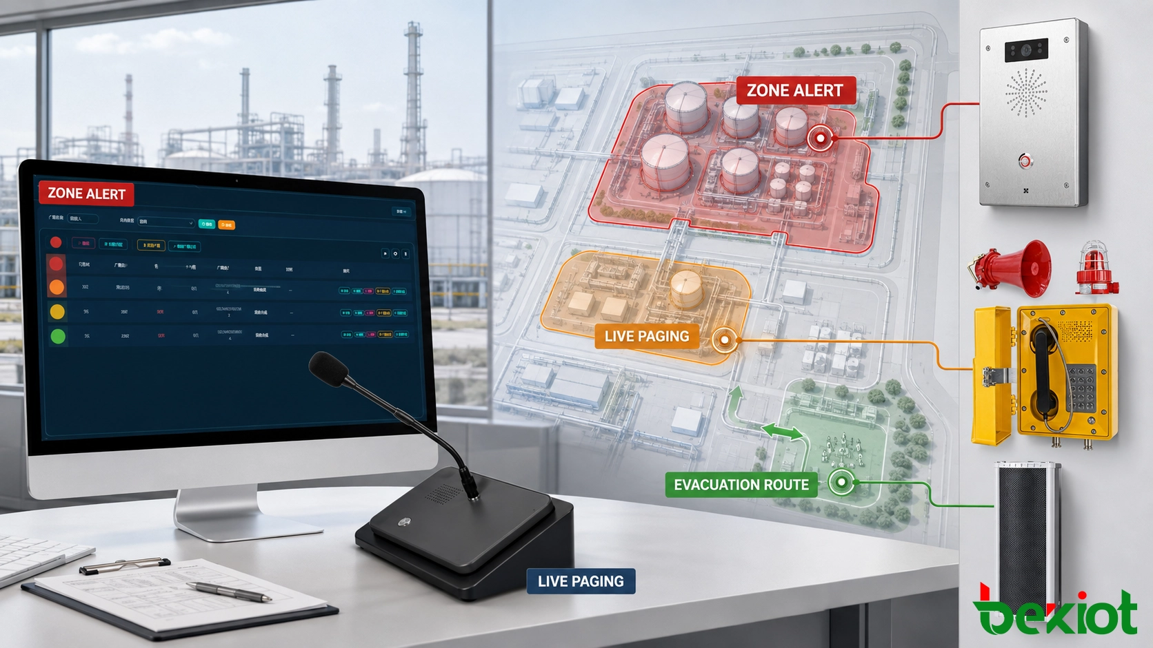 Salle de contrôle industrielle sélectionnant les zones de diffusion d'urgence, les messages et les priorités pour une alarme gaz dans un parc de citernes