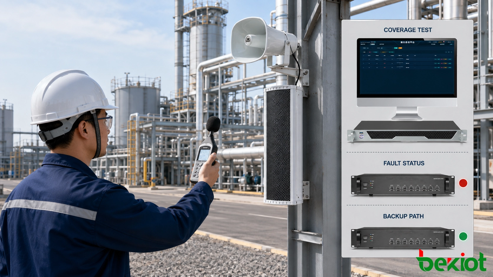 Technicien testant la couverture des haut-parleurs de diffusion d'urgence, l'état des amplificateurs, les pannes réseau et le fonctionnement de secours sur un site industriel
