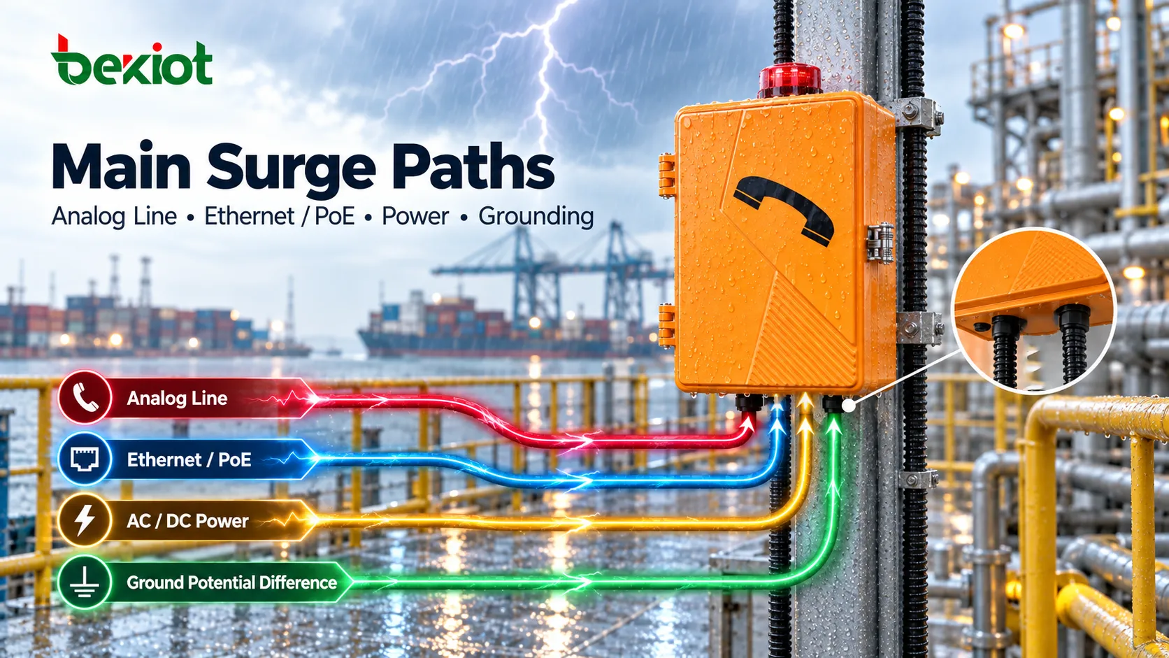 Principaux chemins de surtension induite par la foudre vers un téléphone industriel extérieur via lignes analogiques, Ethernet ou PoE, alimentation et mise à la terre