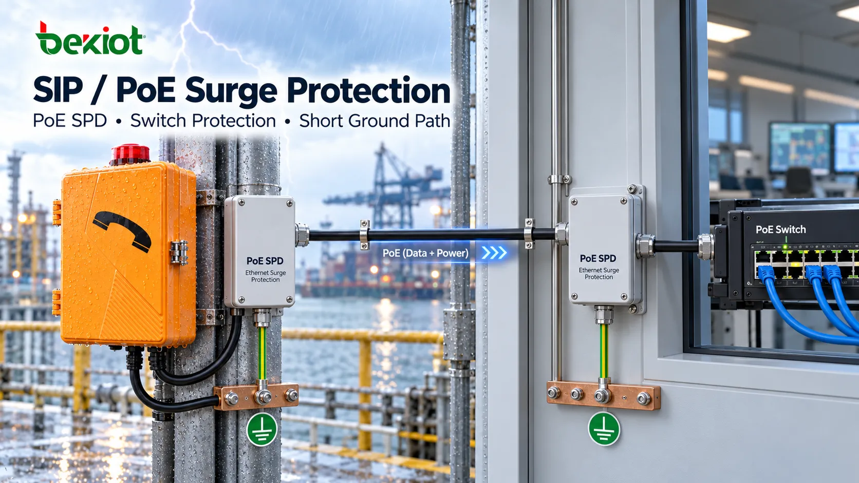Protection PoE contre les surtensions et mise à la terre d’un téléphone industriel SIP extérieur connecté à un commutateur Ethernet