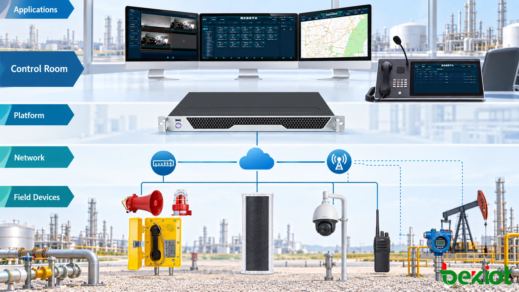 Architecture de communications unifiées à cinq couches pour le pétrole et le gaz reliant les dispositifs de terrain, les réseaux de transmission, les plateformes de communications et les applications de répartition