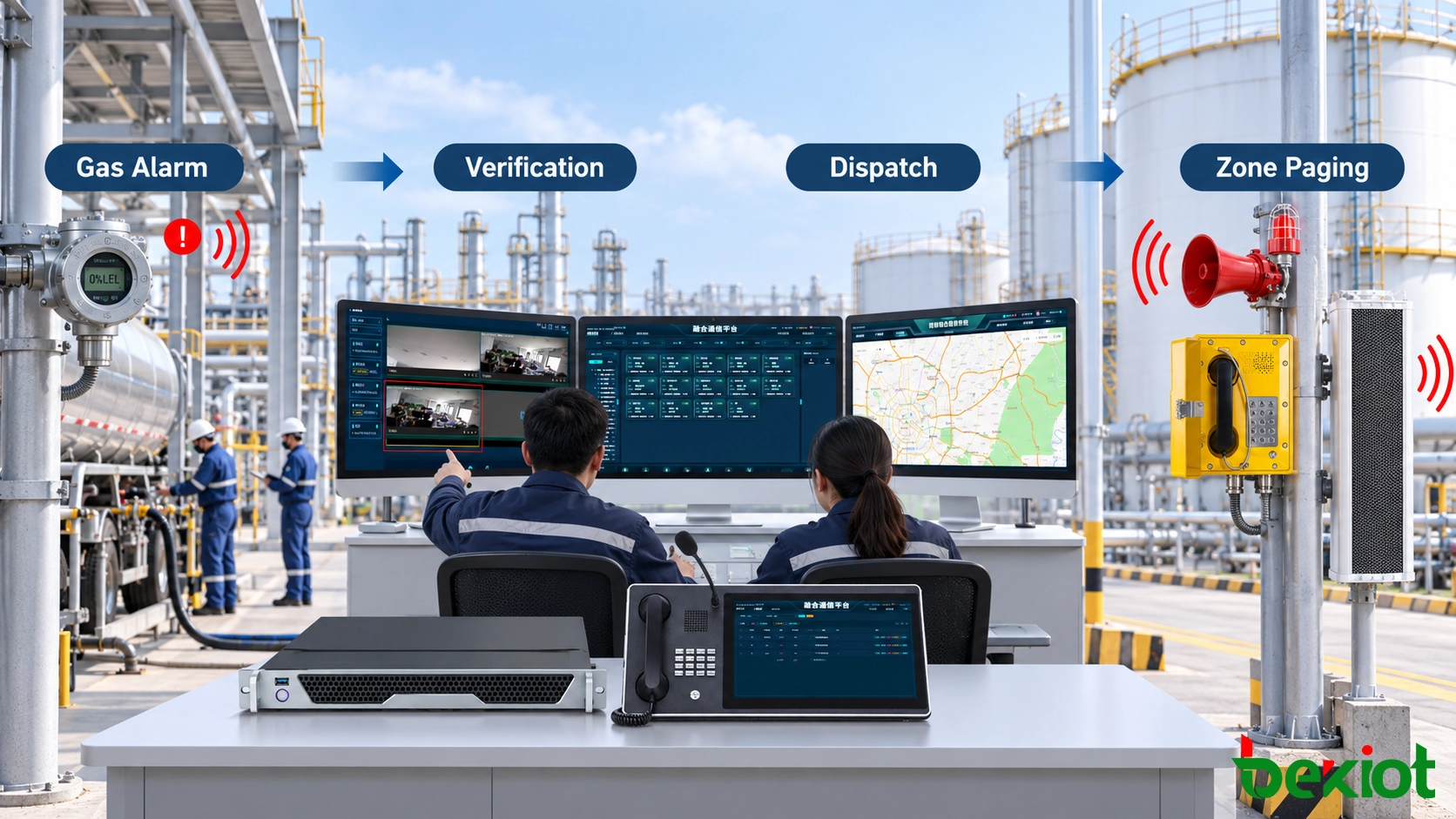 Flux de travail d'urgence pour le pétrole et le gaz reliant les alarmes de gaz, la vérification vidéo, la communication du répartiteur et la sonorisation par zones