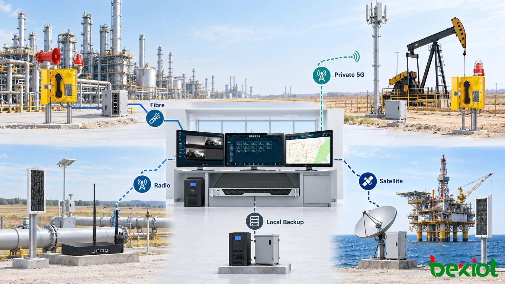 Réseau de communication résilient pour le pétrole et le gaz utilisant la fibre, le cellulaire privé, la radio, le satellite et les chemins de repli locaux