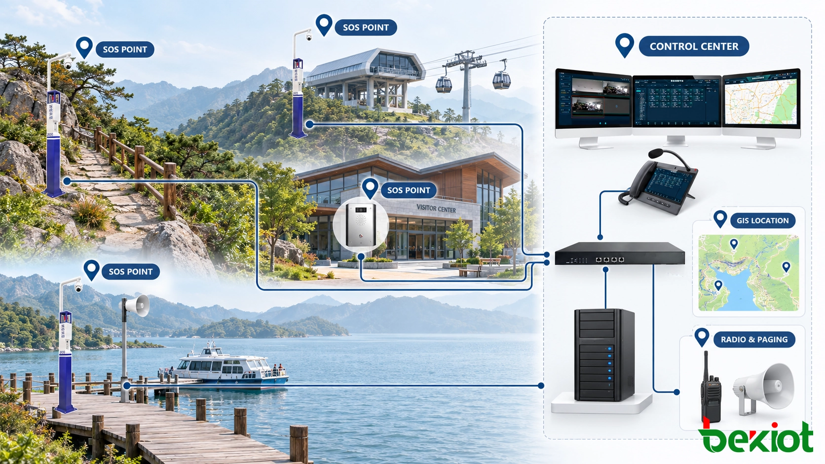 Système d'appel d'urgence pour site touristique reliant des bornes SOS à la cartographie SIG, à la vidéosurveillance, à la radiocommunication et à la diffusion par zones