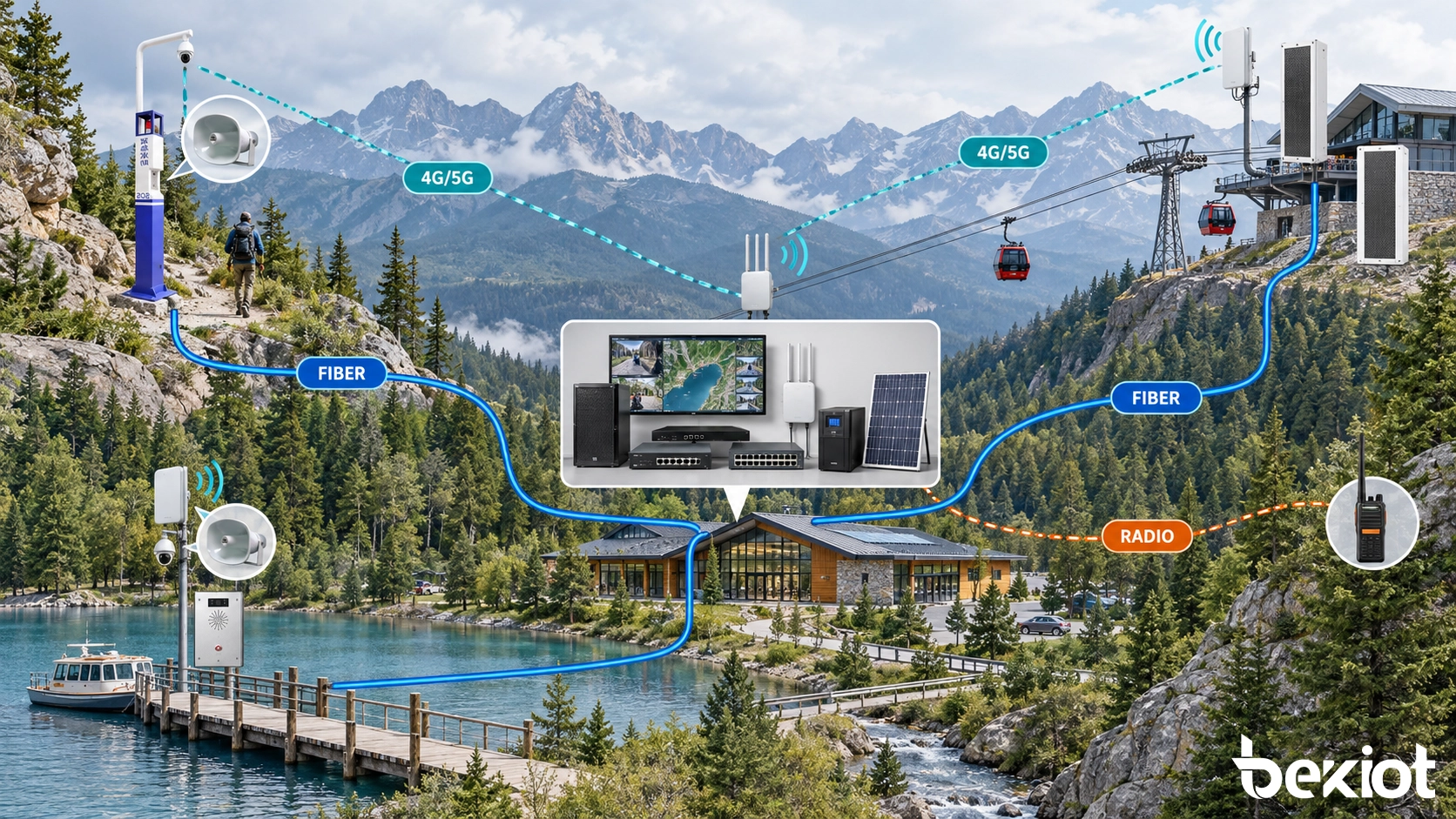 Réseau de communication résilient pour site touristique utilisant fibre, liaisons sans fil, réseau cellulaire, radio et alimentation de secours