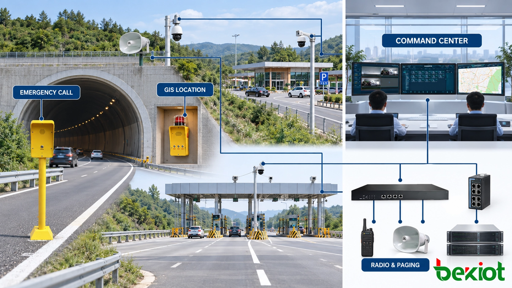 Architecture de commandement d'urgence sur autoroute reliant les téléphones de bord de route, les points SOS de tunnel, la répartition radio, la vidéosurveillance, le SIG et la sonorisation par zones