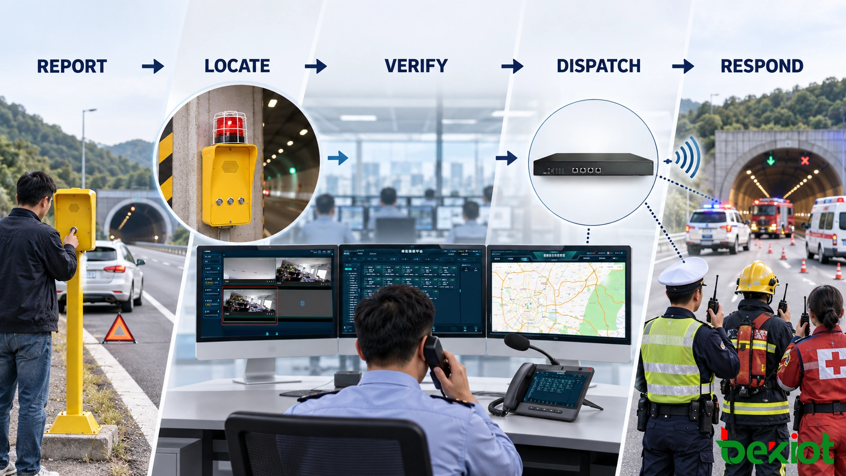 Réponse aux incidents autoroutiers liant les appels d'urgence, la localisation SIG, la vérification par caméra, la répartition radio et les notifications routières ciblées