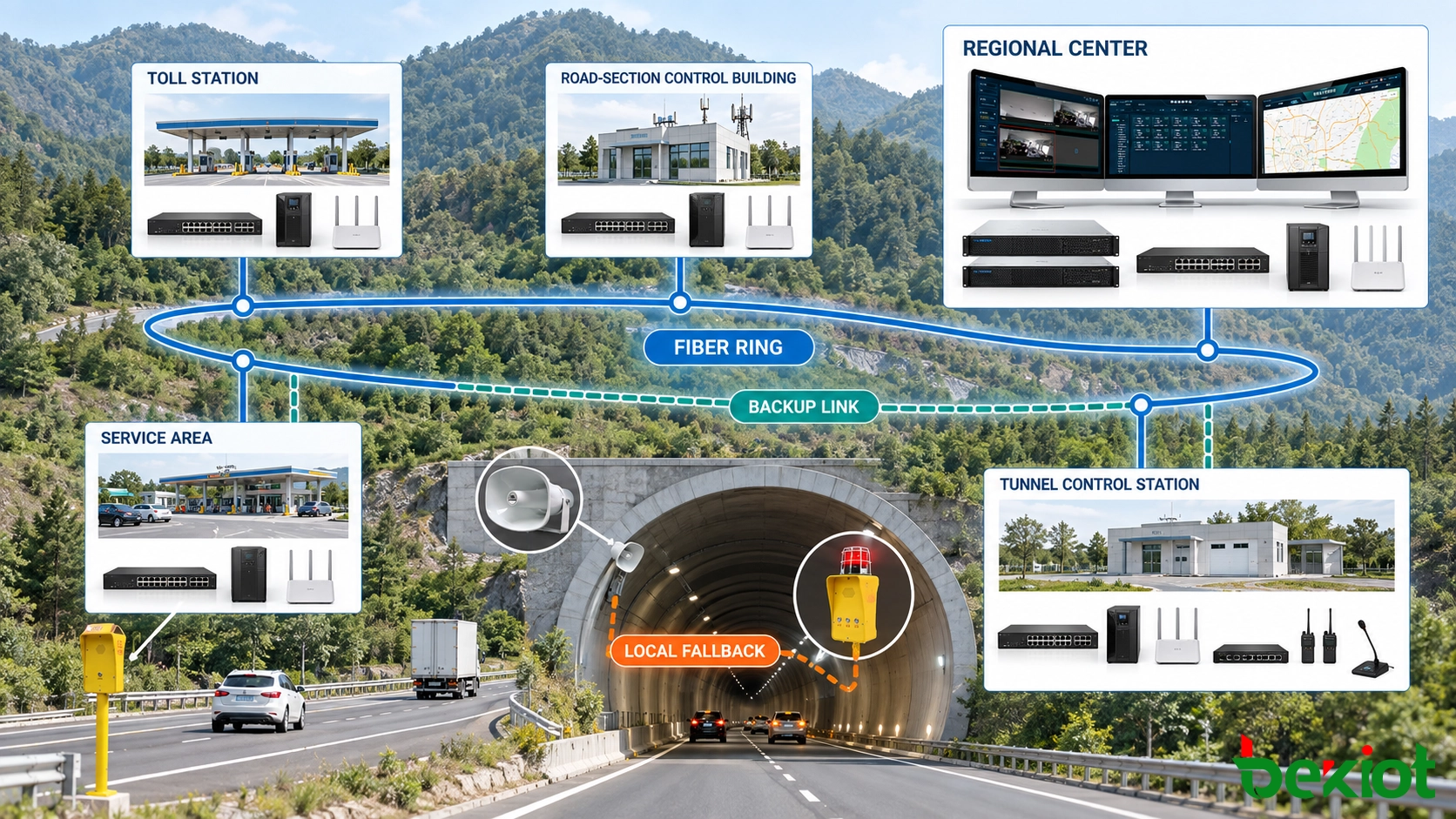 Réseau de communication autoroutier résilient reliant les sections éloignées, les tunnels, les postes de péage et les centres de commandement régionaux