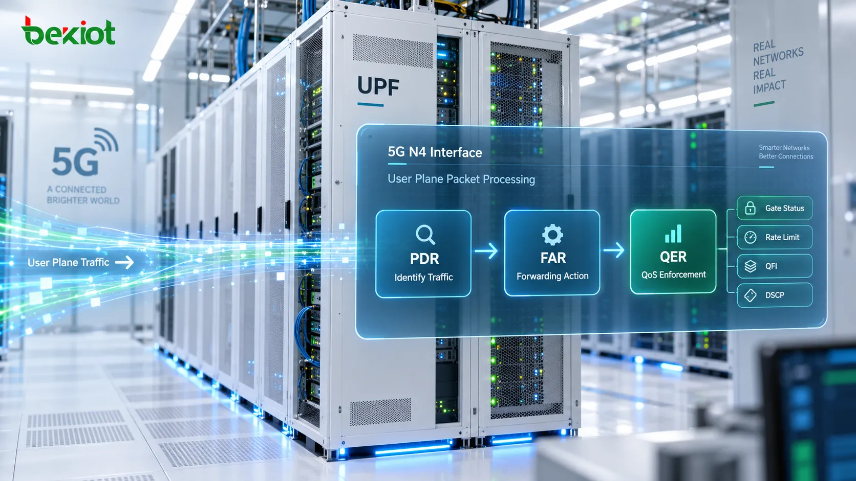 Traitement des paquets sur l’interface N4 : l’UPF utilise une PDR pour identifier le trafic, une FAR pour déterminer le transfert et une QER pour appliquer le gating, les limites de débit et la politique QoS