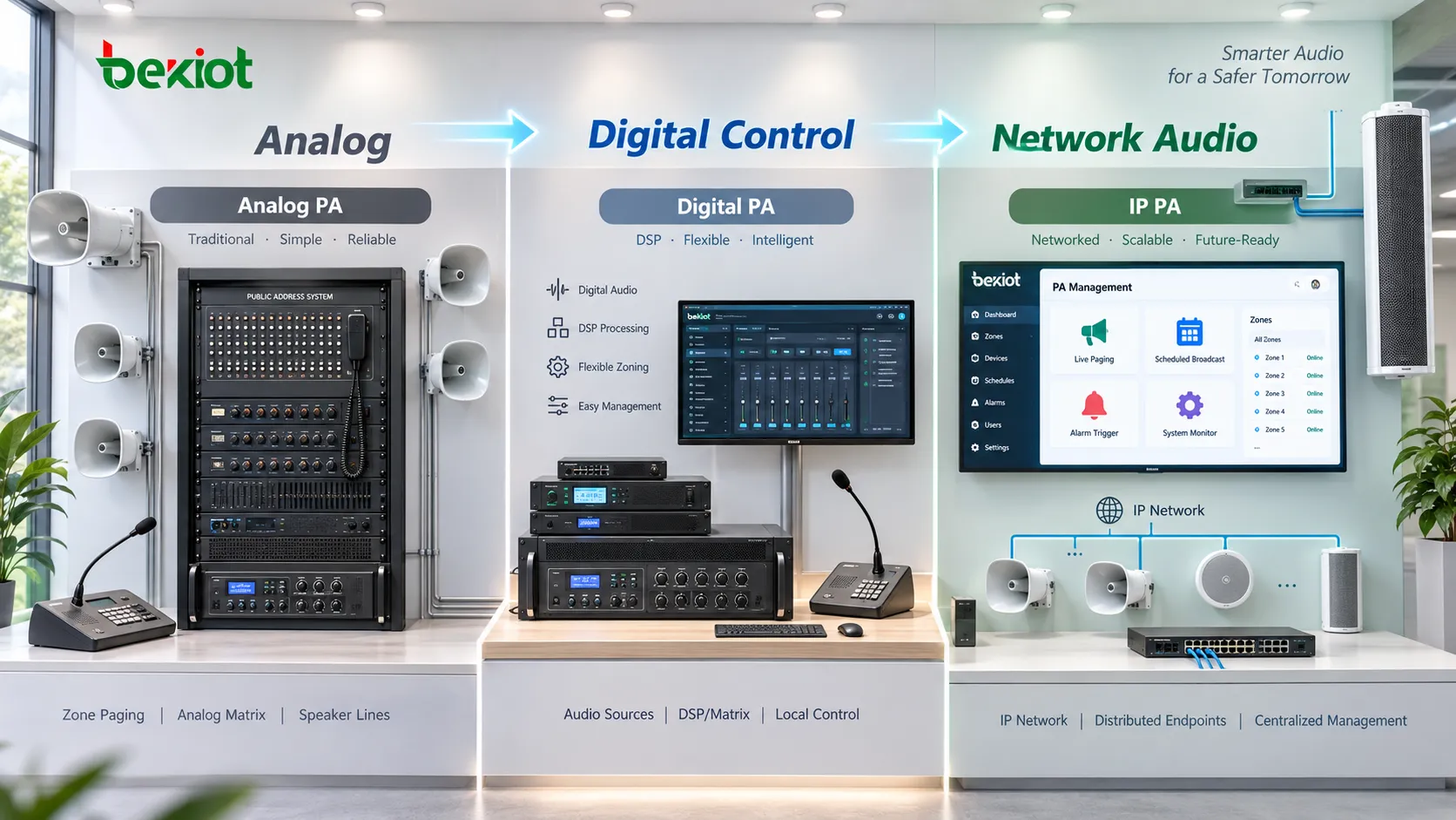 Comparaison de l’évolution de la sonorisation, des matrices analogiques et amplificateurs centralisés 100 V vers le contrôle DSP numérique, les serveurs PA, les réseaux Ethernet et les terminaux audio IP distribués