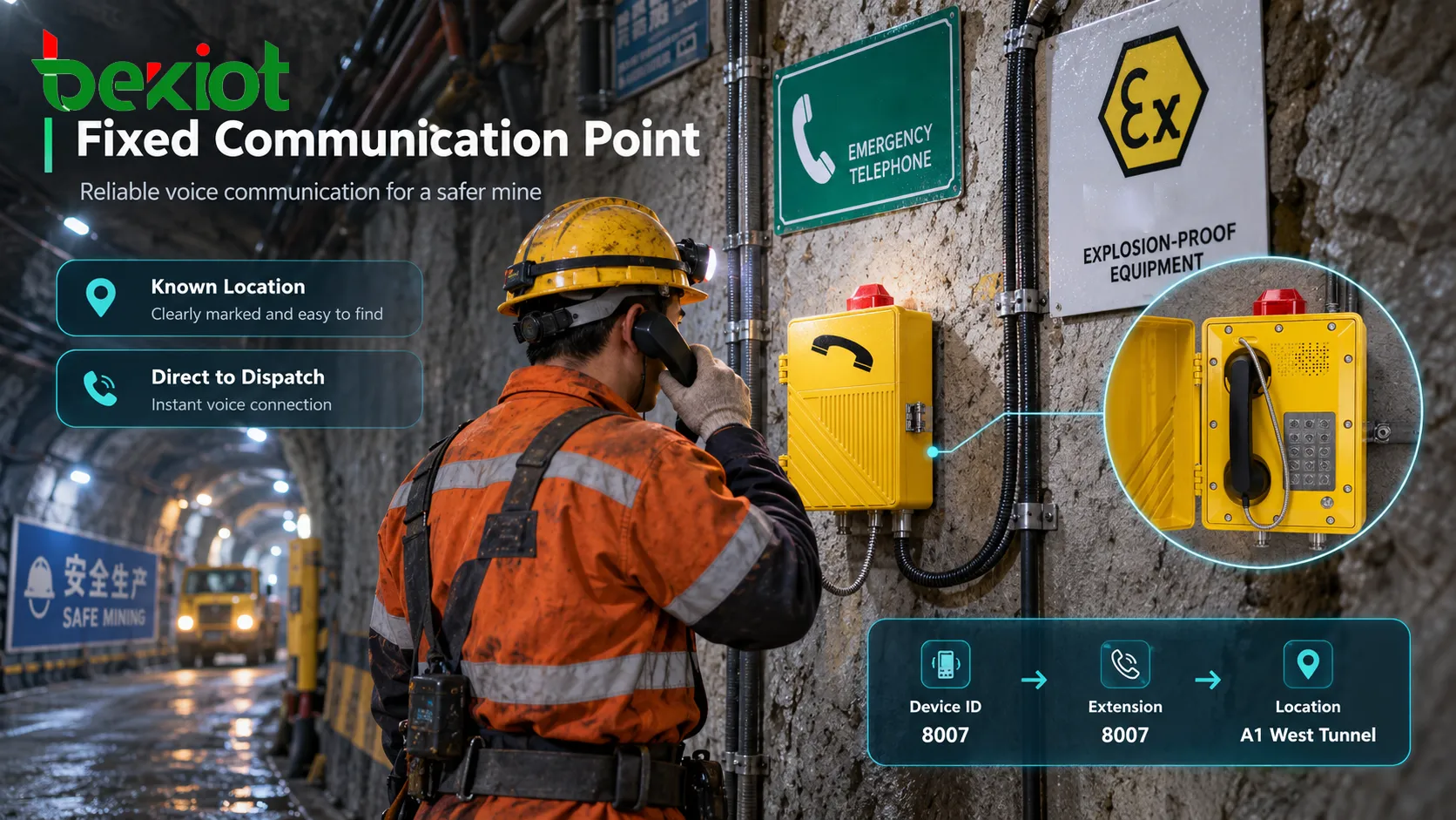 Téléphone antidéflagrant pour mines utilisé comme point fixe de communication de sécurité souterrain avec association de l’emplacement, chemin de communication résilient et accès direct au centre de conduite en surface