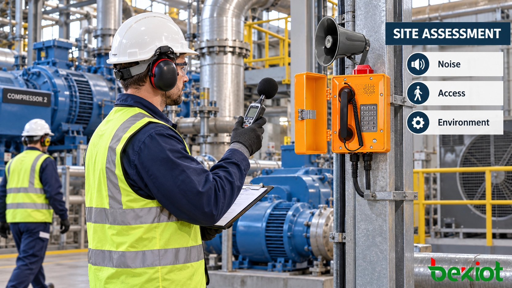 Ingénieur mesurant le bruit ambiant et évaluant un point d'installation de téléphone industriel