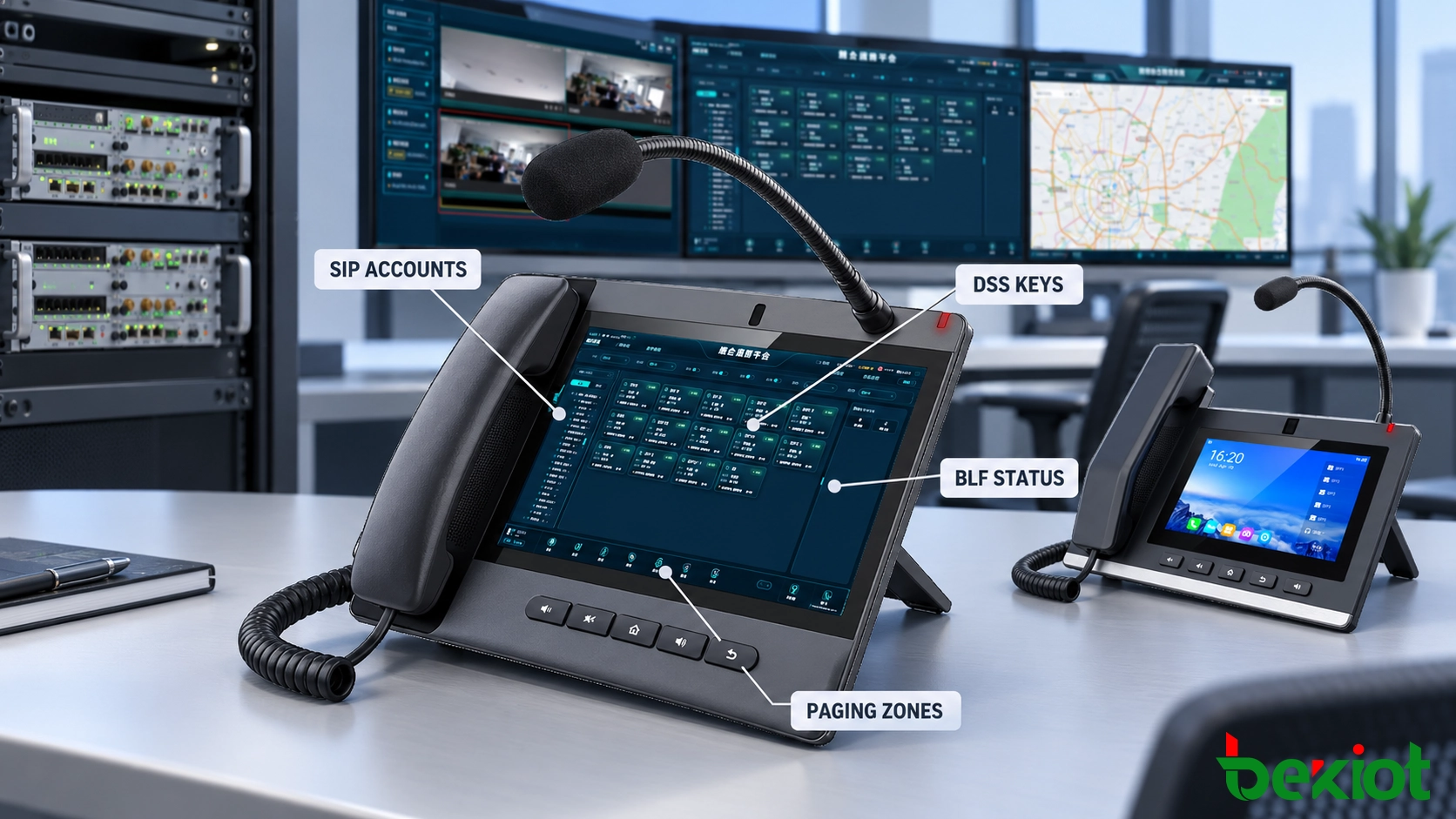 Interface de téléphone de répartition avec comptes SIP, touches DSS, surveillance BLF et zones de sonorisation