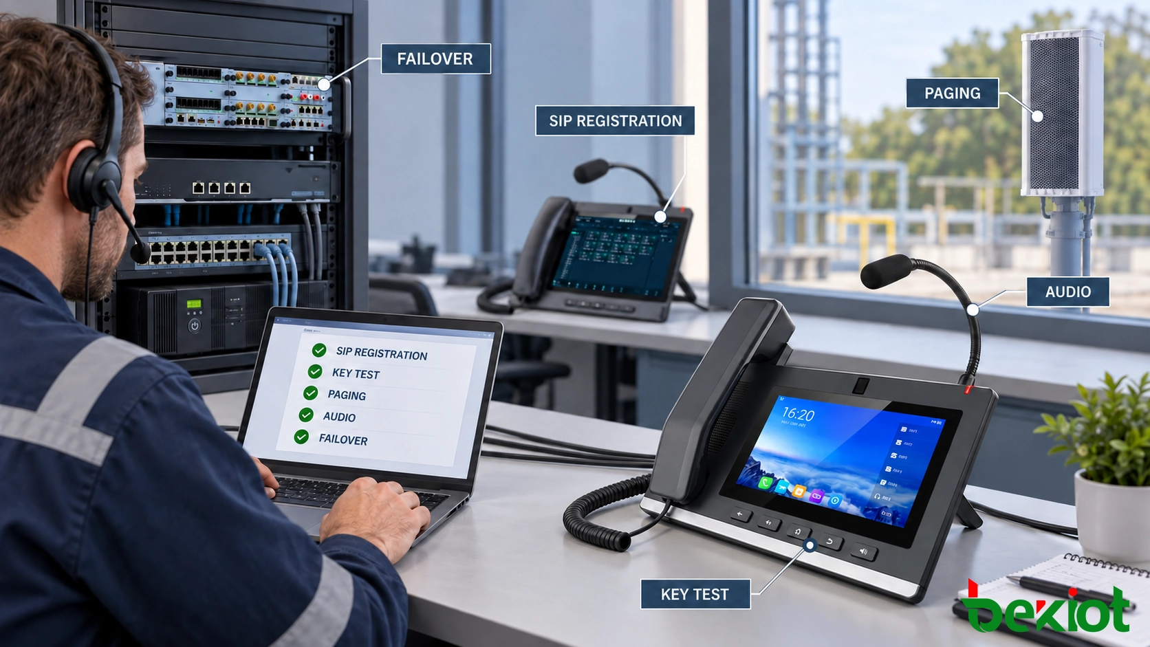 Technicien testant l'enregistrement SIP, les touches programmables, la sonorisation et l'audio sur un téléphone de répartition