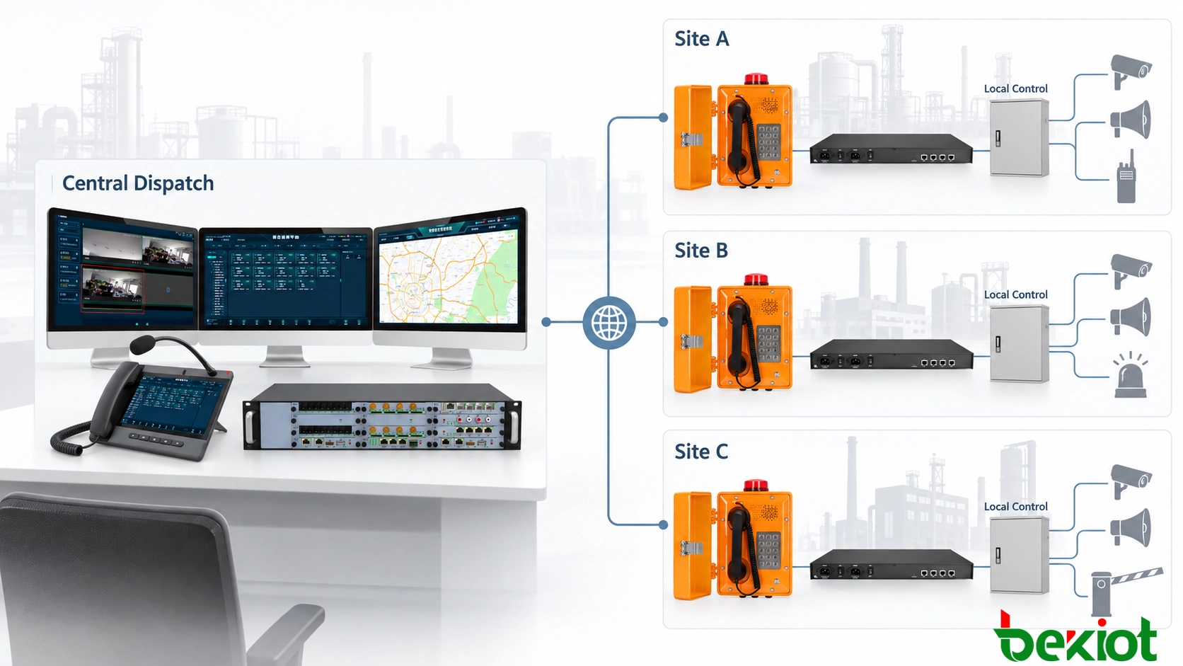 Architecture de répartition d'urgence multi-sites avec un centre de contrôle central et des serveurs de communication locaux