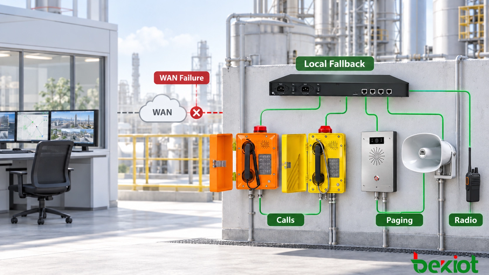 Téléphones d'urgence locaux, radiomessagerie, radio et interphone continuent de fonctionner pendant une panne de la liaison WAN vers la plateforme centrale