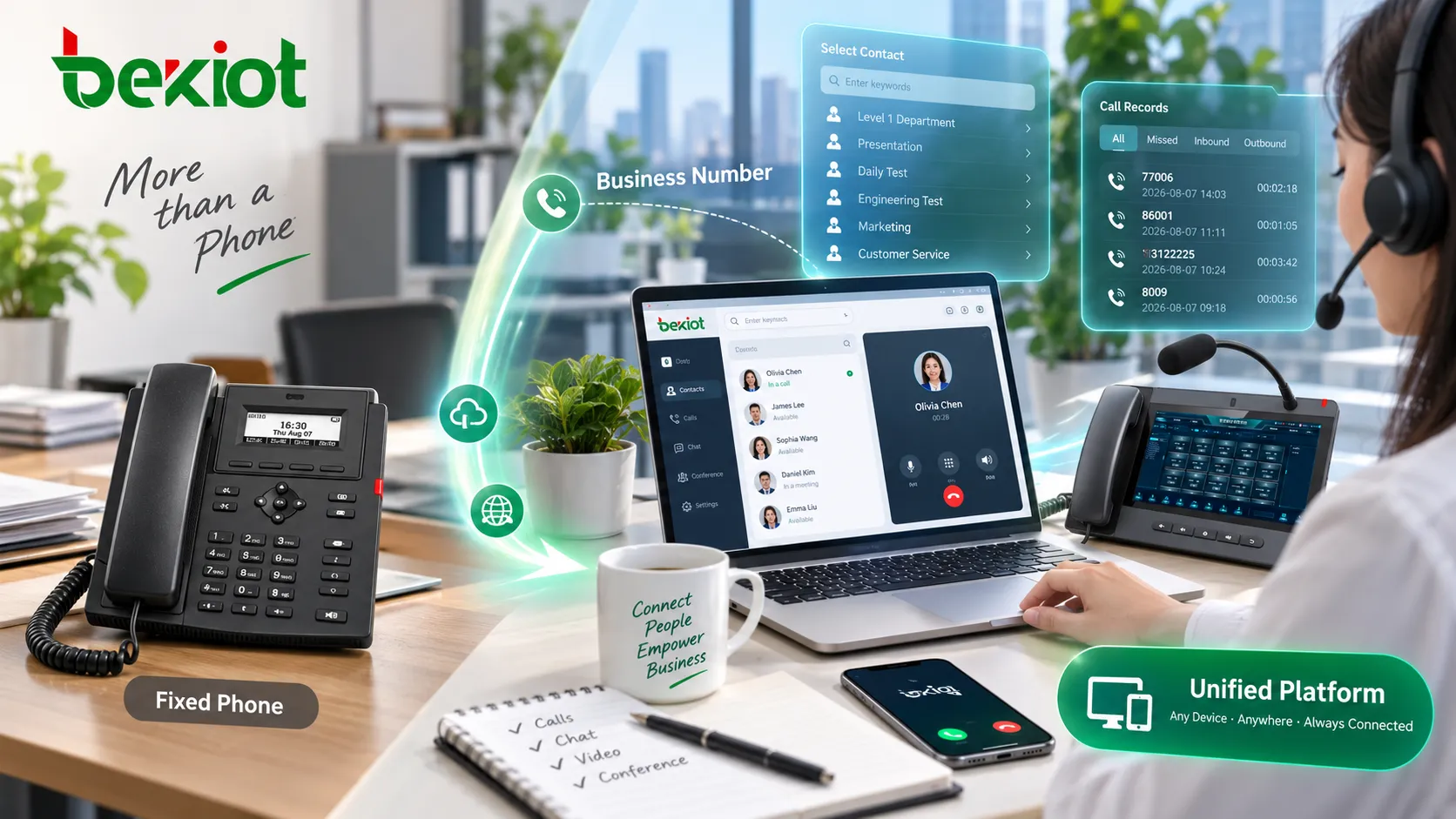 Un même numéro professionnel utilisé sur un téléphone SIP de bureau, un ordinateur portable et un mobile, tandis que les appels vocaux, les visioconférences et la messagerie sont intégrés à une plateforme VoIP unifiée