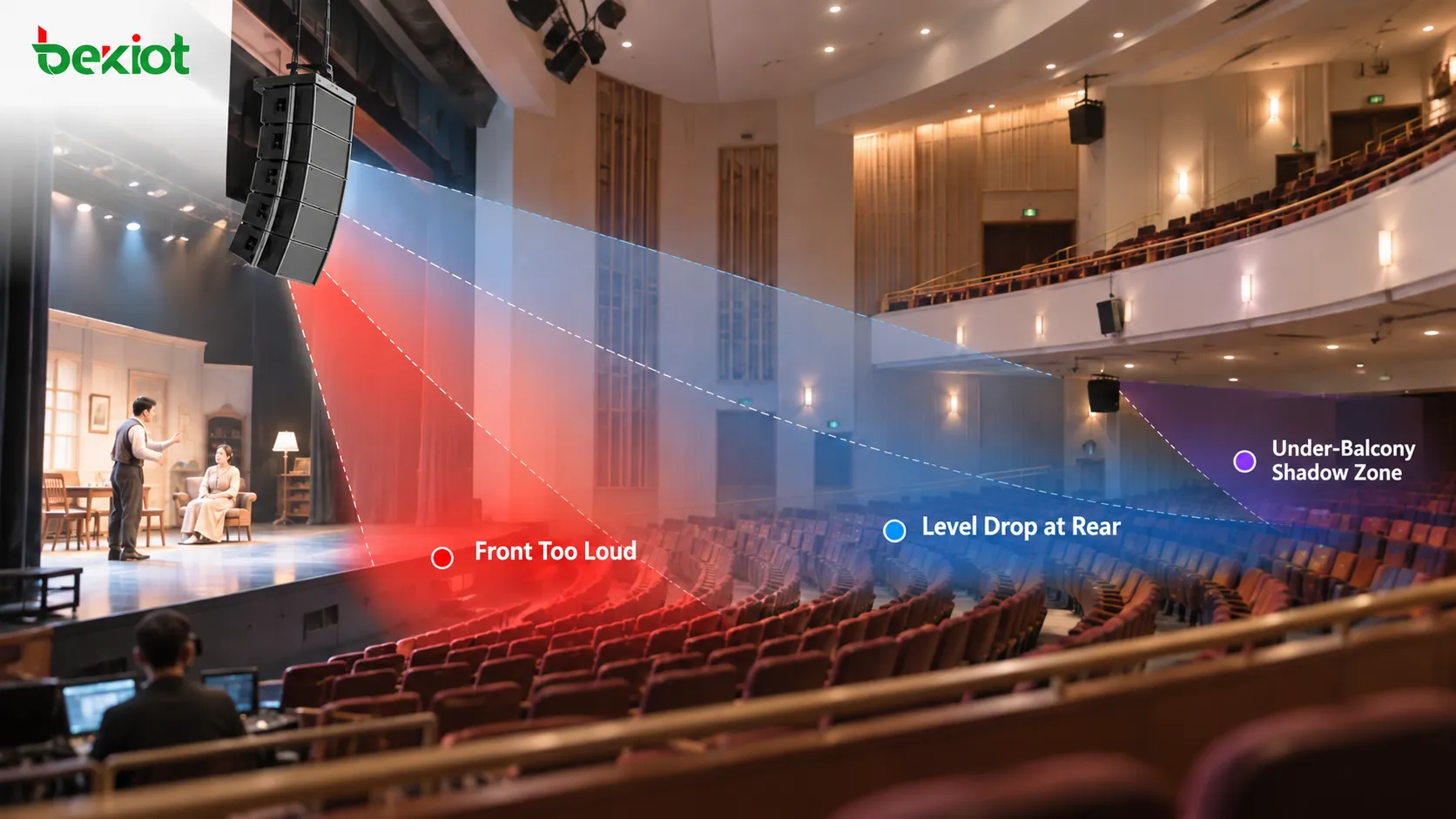 Système de sonorisation de théâtre montrant qu’une augmentation du SPL des enceintes principales peut rendre le niveau sonore trop élevé aux premiers rangs, tandis que les balcons arrière et les zones masquées restent mal couverts avec une intelligibilité de la parole réduite
