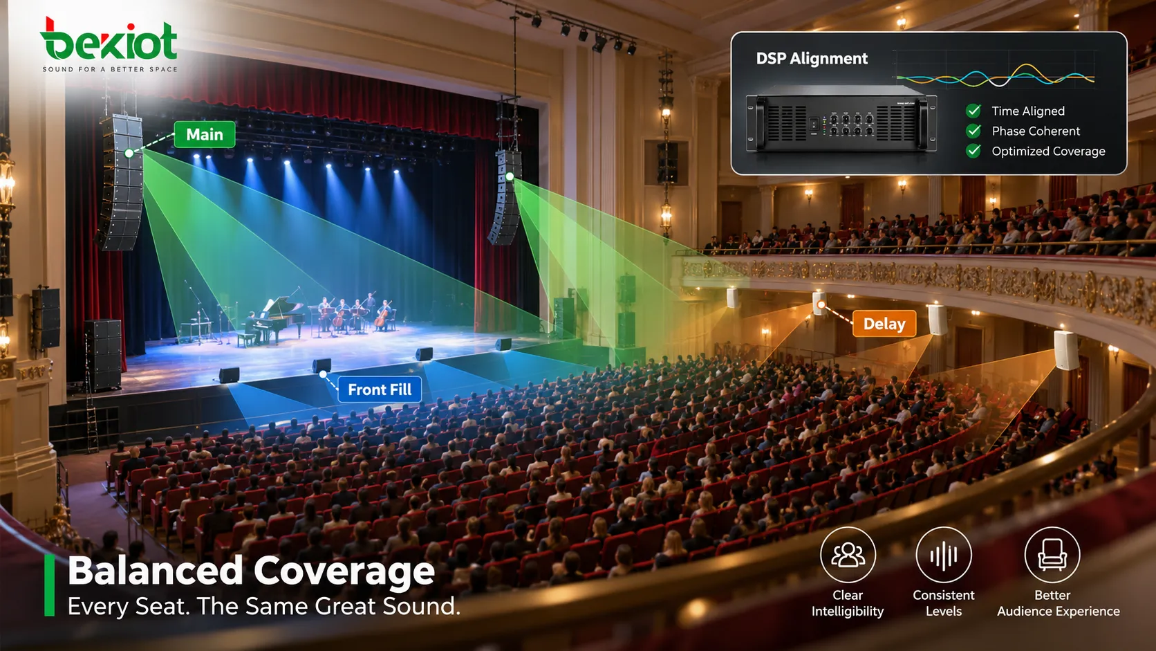 Sonorisation de théâtre utilisant des line arrays principaux pour la couverture principale, des front fills pour les sièges proches de la scène et des enceintes de delay sous balcon afin de créer un champ sonore continu et plus uniforme