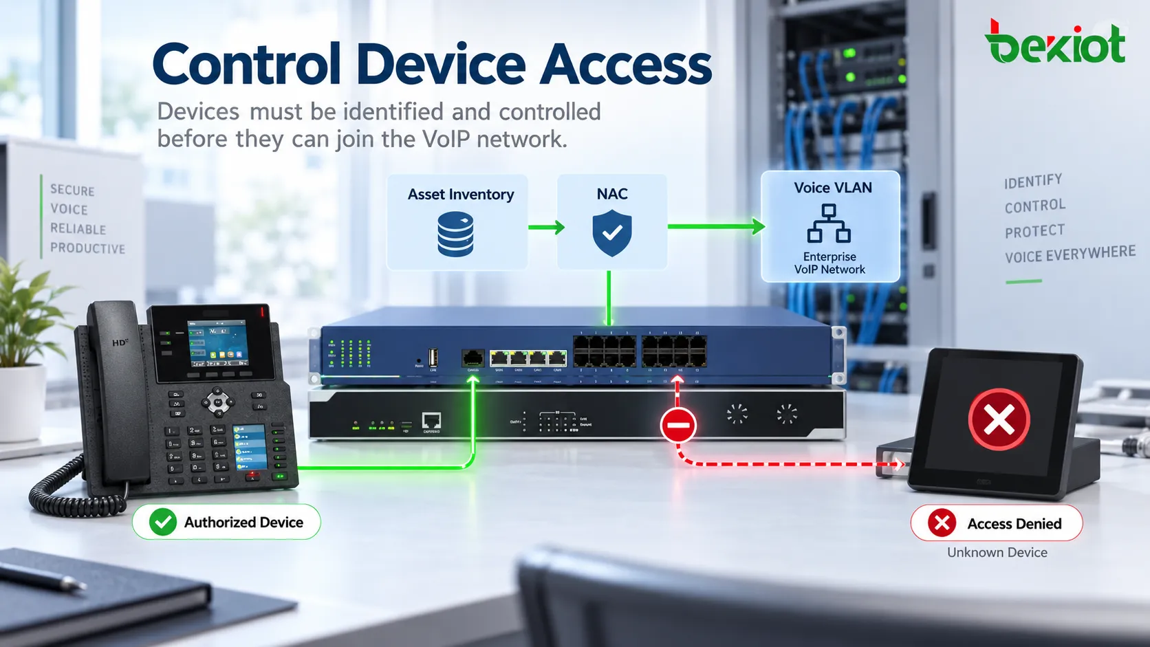 Réseau vocal d’entreprise utilisant un inventaire d’actifs, un VLAN voix, le NAC et des contrôles de ports de commutateur pour empêcher la connexion de téléphones IP, d’ATA et de passerelles VoIP non autorisés