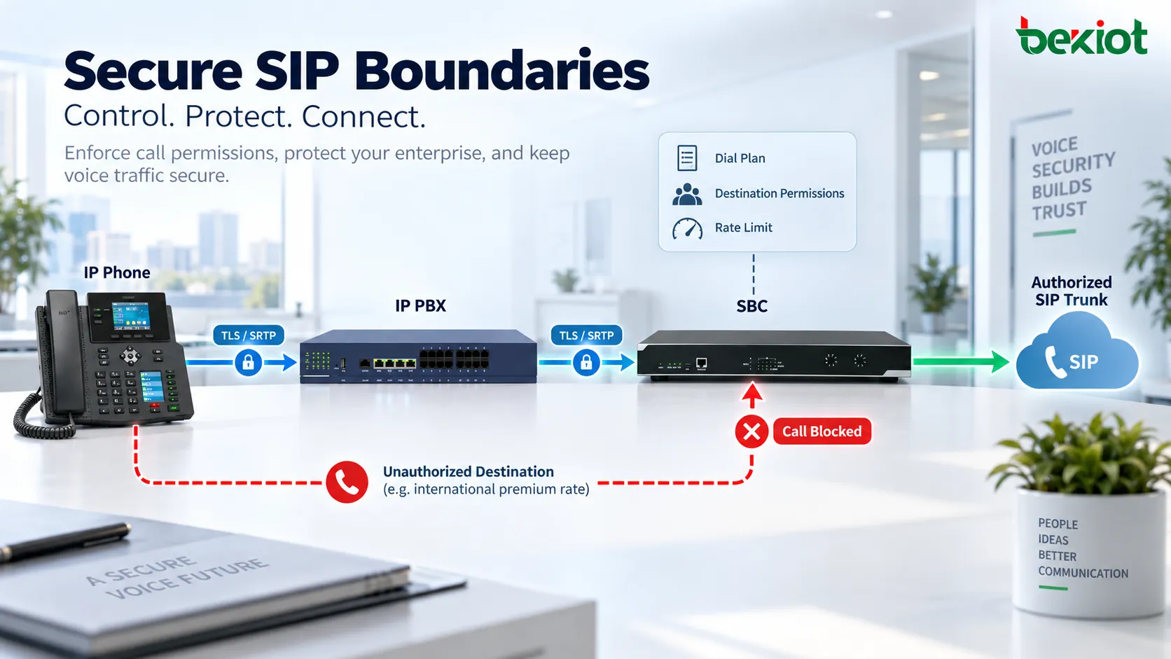 Sécurité VoIP d’entreprise utilisant les contrôles SBC, les plans de numérotation, les autorisations de destination, le routage des trunks SIP et les limites d’appel pour restreindre le trafic vocal externe et réduire le risque de fraude téléphonique
