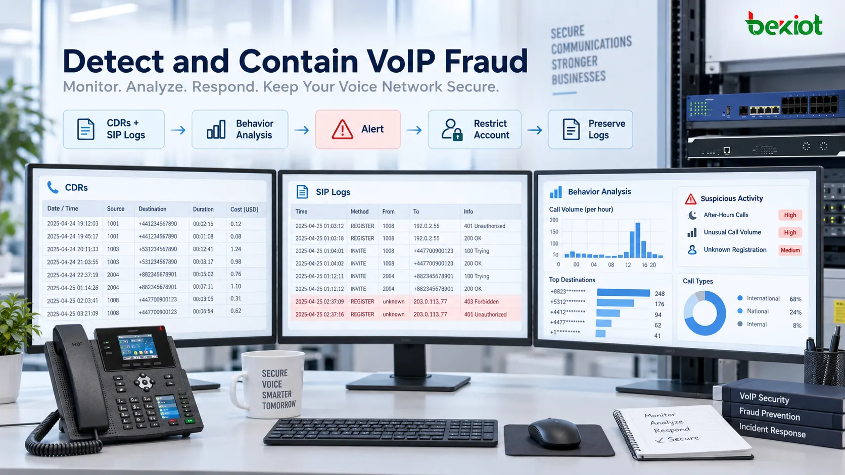 Plateforme de sécurité VoIP combinant CDR, journaux SIP, analyse comportementale et alertes d’anomalie pour détecter les appels à haut risque et contenir les incidents grâce à des restrictions de compte, des journaux forensiques et des procédures de réponse