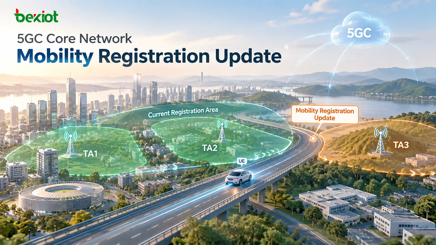 Dans une Mobility Registration Update 5GC, l’UE déclenche la mise à jour après être passé d’une TA située dans sa Registration Area actuelle à une nouvelle TA située hors de cette zone, tandis que les changements ordinaires de cellule ou les changements de TA à l’intérieur de la Registration Area ne nécessitent pas un nouvel enregistrement