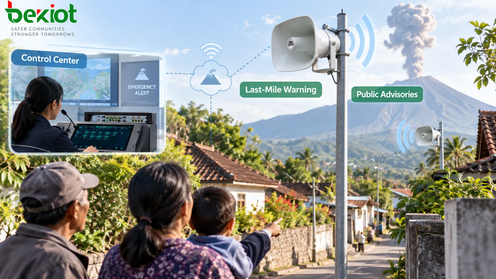 Communauté proche du volcan Kanlaon utilisant un centre de contrôle, un réseau zoné et des haut-parleurs extérieurs pour diffuser des notifications d’urgence, des avis publics et des consignes d’intervention