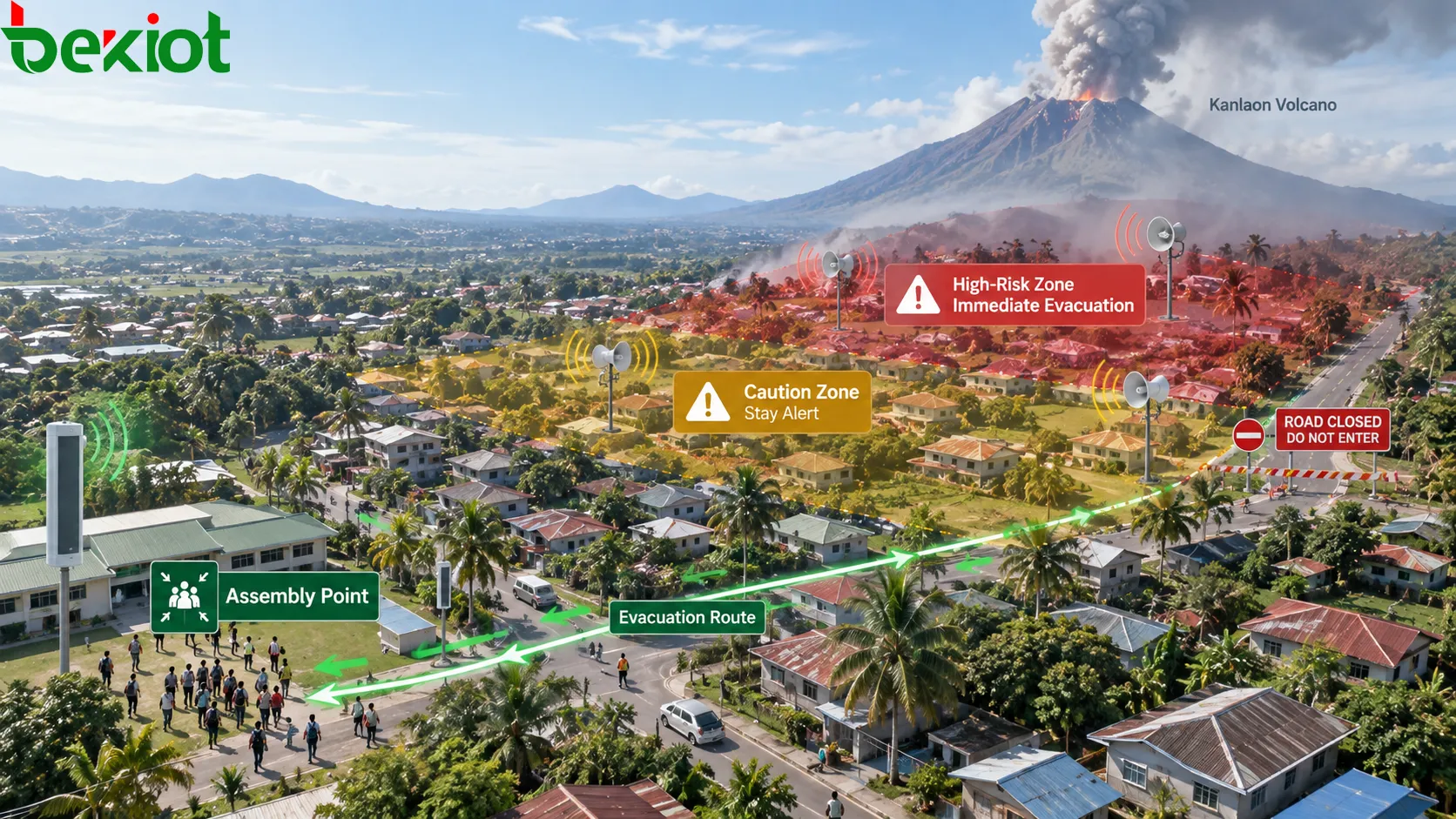 Système PA d’urgence divisant les zones à risque en zones de diffusion et transmettant à différentes communautés des alertes actionnables, des itinéraires d’évacuation, des points de rassemblement et des restrictions routières