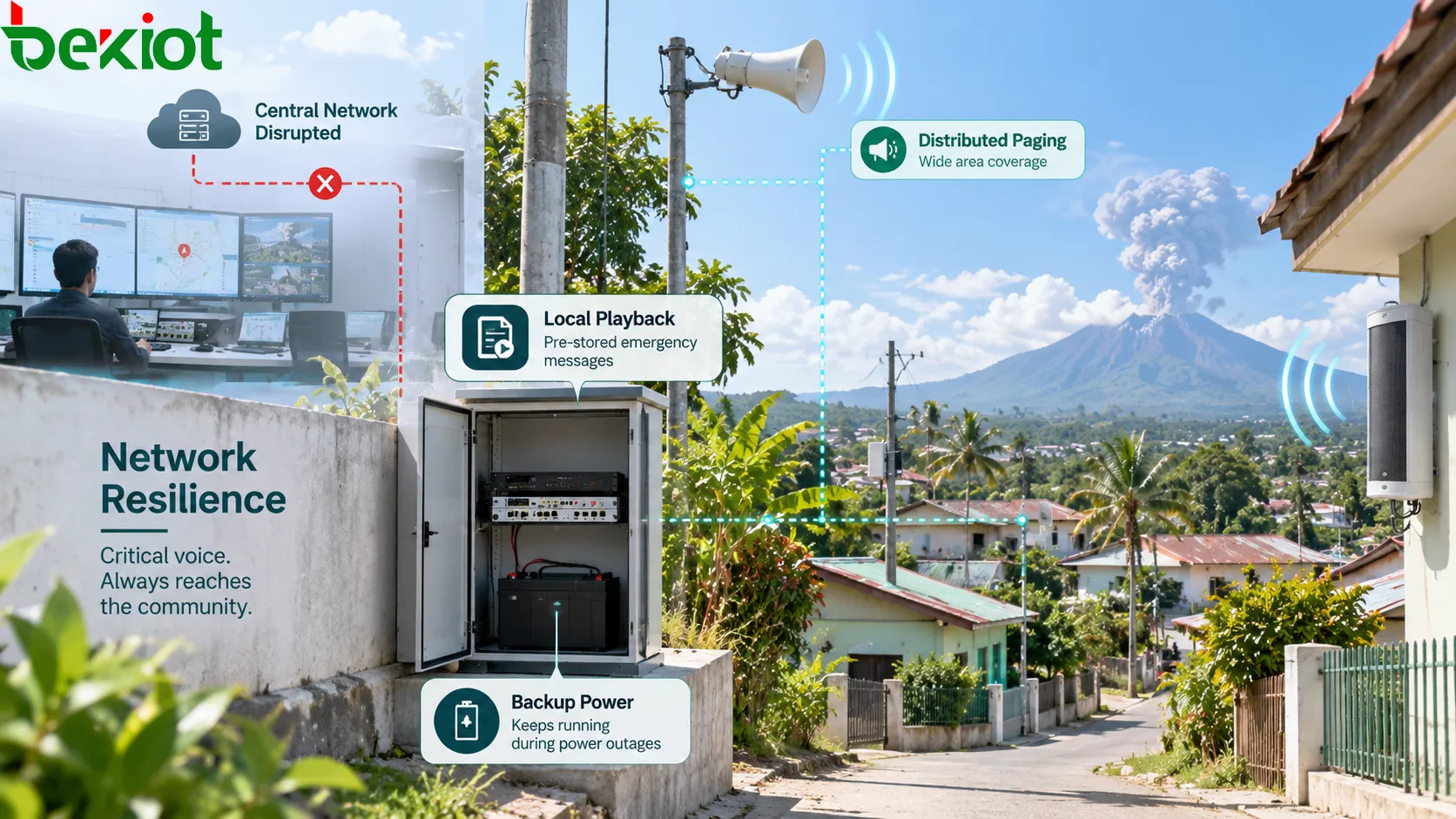 Système PA d’urgence destiné aux zones volcaniques et aux catastrophes naturelles utilisant des nœuds de diffusion distribués, des messages d’urgence stockés localement, une alimentation de secours et des chemins réseau redondants pour maintenir les diffusions critiques lorsque le réseau central est perturbé