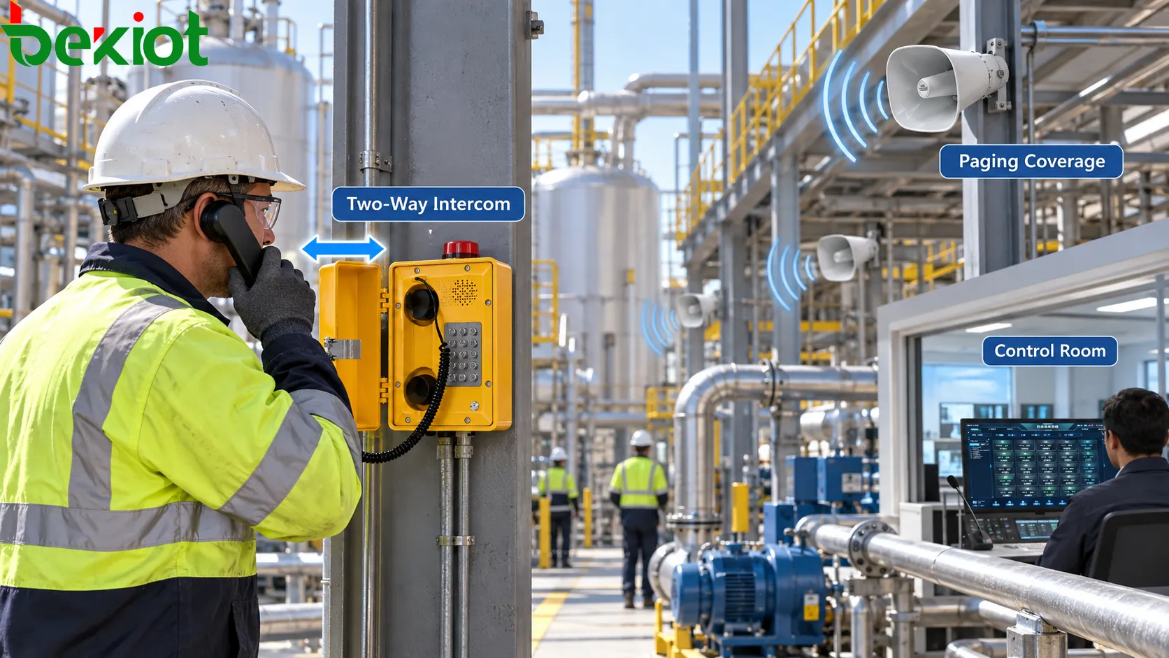 Opérateur industriel utilisant un interphone renforcé tandis que des haut-parleurs à pavillon directionnels assurent la couverture de diffusion dans une zone de production bruyante