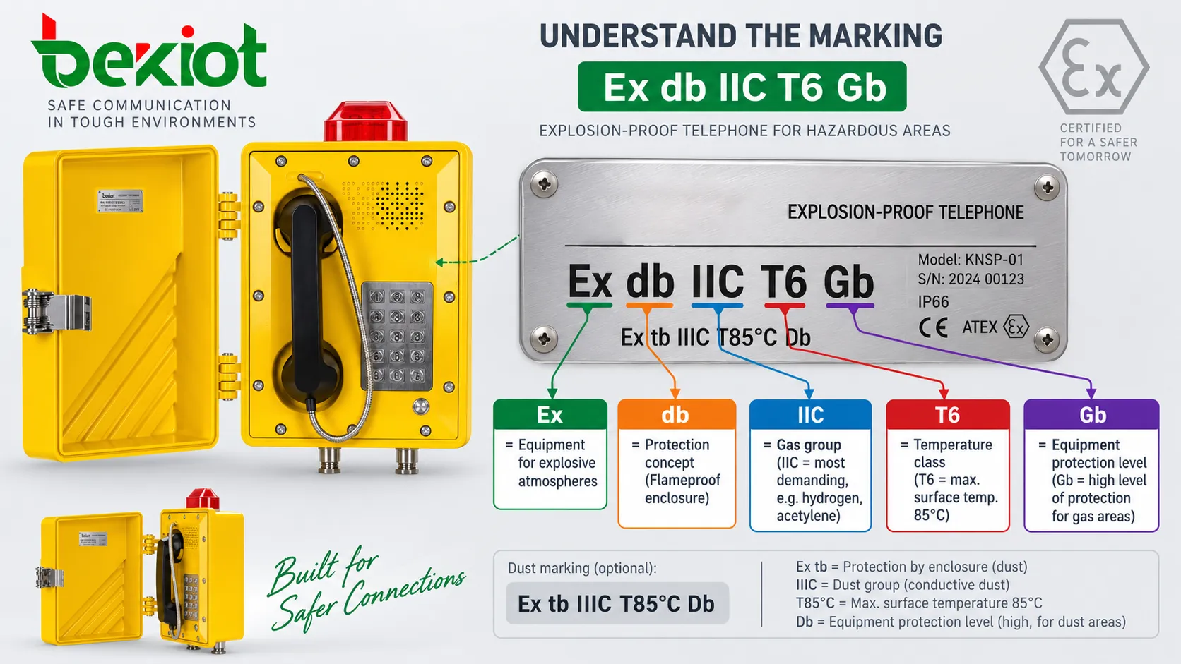 Plaque signalétique d’un téléphone antidéflagrant décomposant Ex db IIC T6 Gb en marquage Ex, mode de protection, groupe de gaz, classe de température et niveau de protection de l’équipement pour la vérification en zone dangereuse