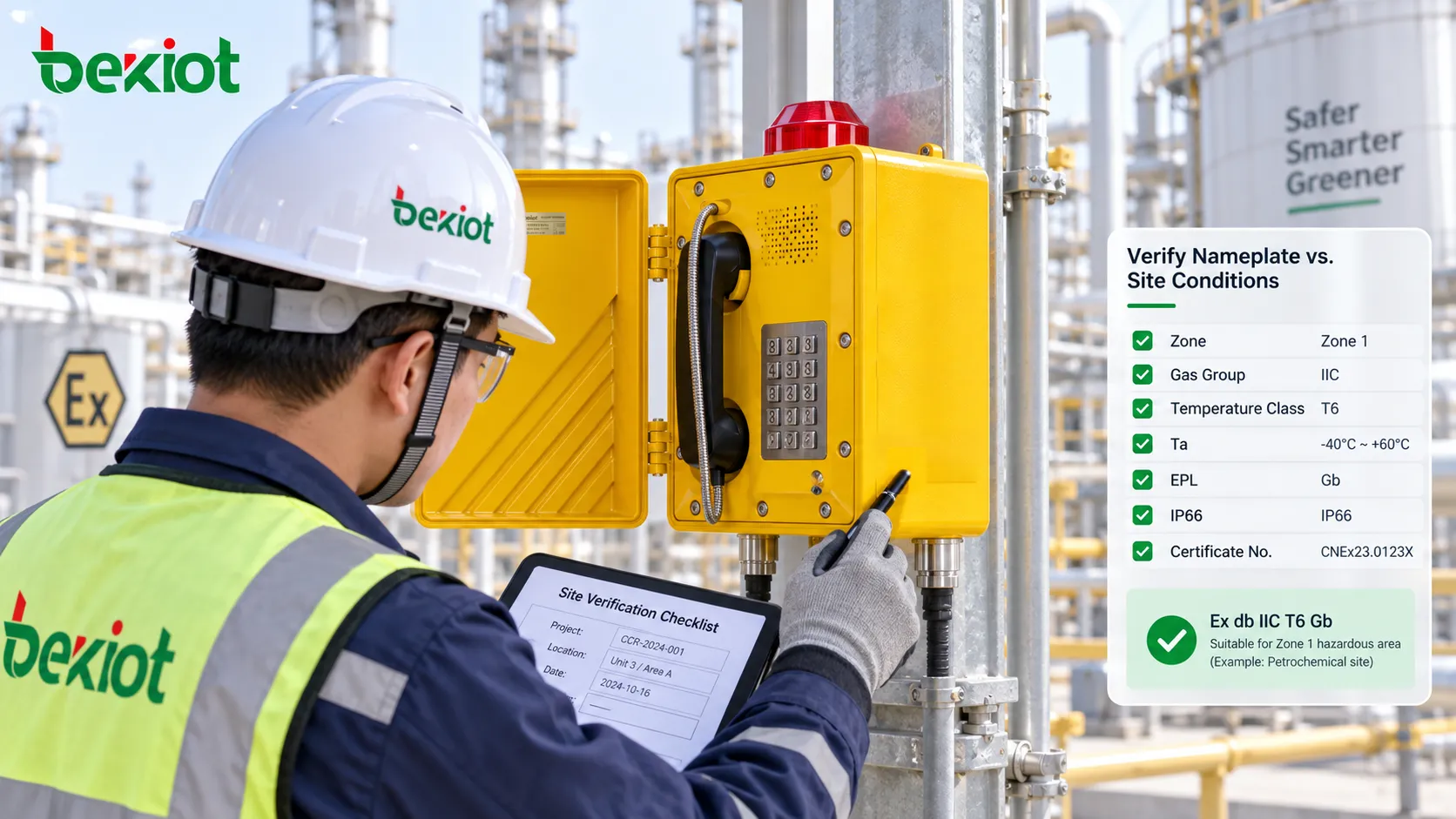 Ingénieur en zone dangereuse vérifiant la plaque signalétique d’un téléphone antidéflagrant par rapport à la Zone, au groupe de gaz, à la classe de température, à la température ambiante, à l’EPL et au numéro de certificat, plutôt que de contrôler uniquement IIC T6 ou IP66