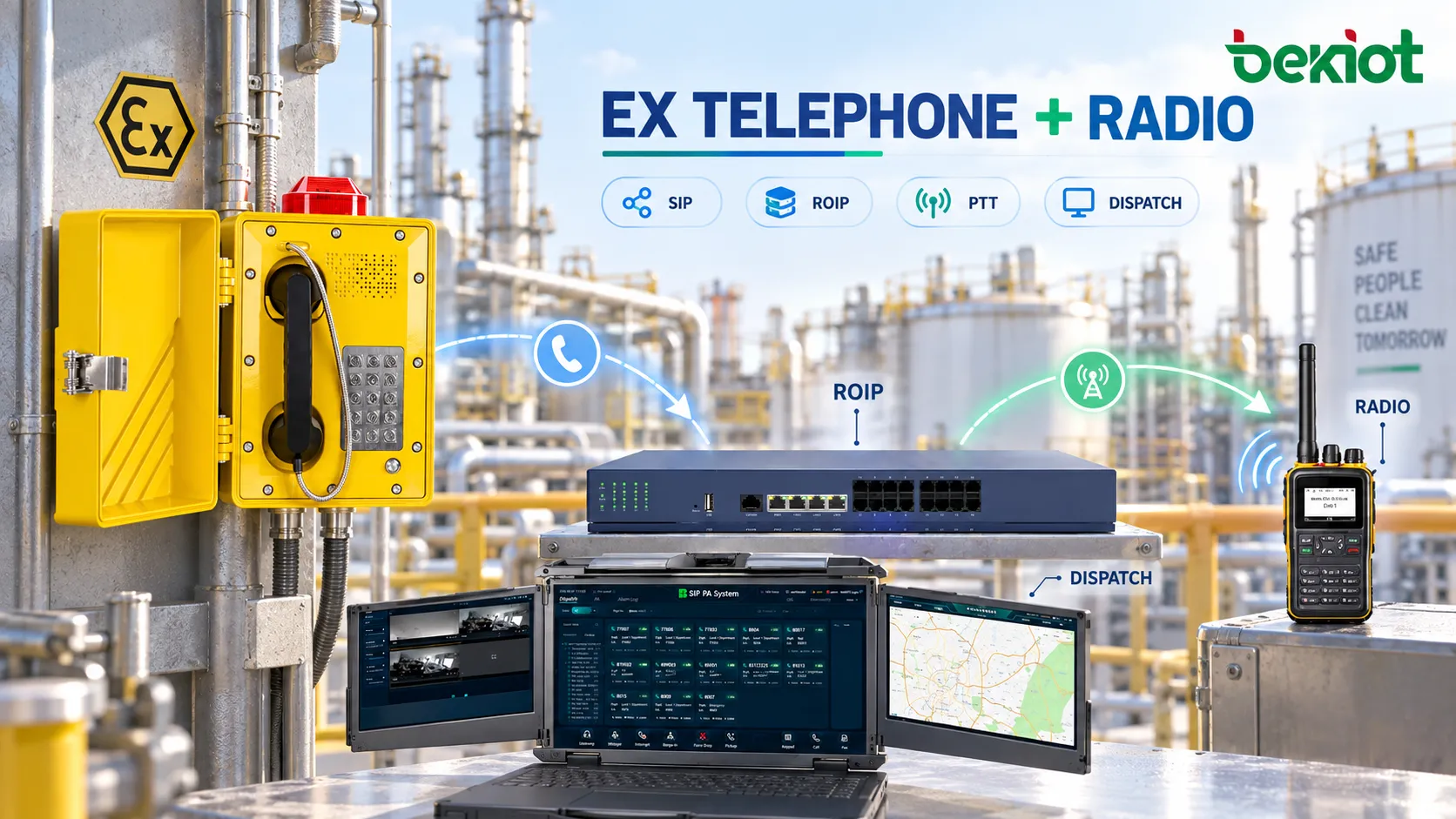 Mise en service d’un téléphone antidéflagrant et d’un système de dispatch radio RoIP avec essais des appels téléphone vers radio, du retour audio radio, de la temporisation PTT, de l’état de canal radio occupé, de l’enregistrement bidirectionnel, du basculement réseau et de la qualité vocale dans des conditions de terrain très bruyantes